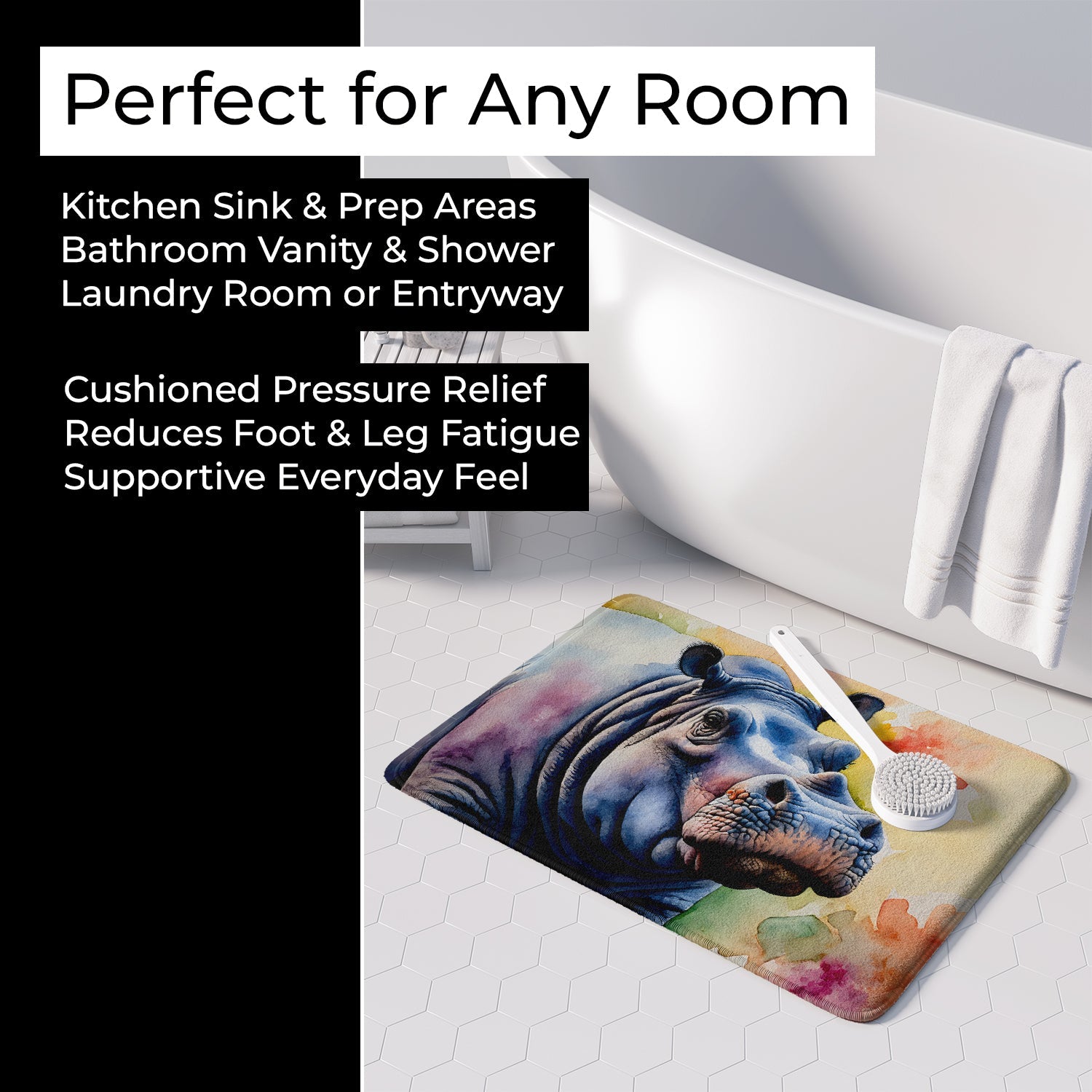 Hippopotamus Memory Foam Kitchen Mat Machine Washable Anti-Fatigue Cushion Comfort Bath or Kitchen Rug