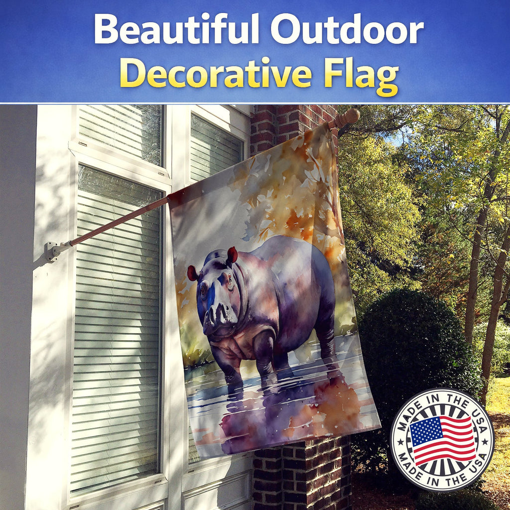 Hippopotamus House Flag 28x40 Porch Sleeve Pole Decorative Outside Yard Banner Artwork Wall Hanging, Polyester