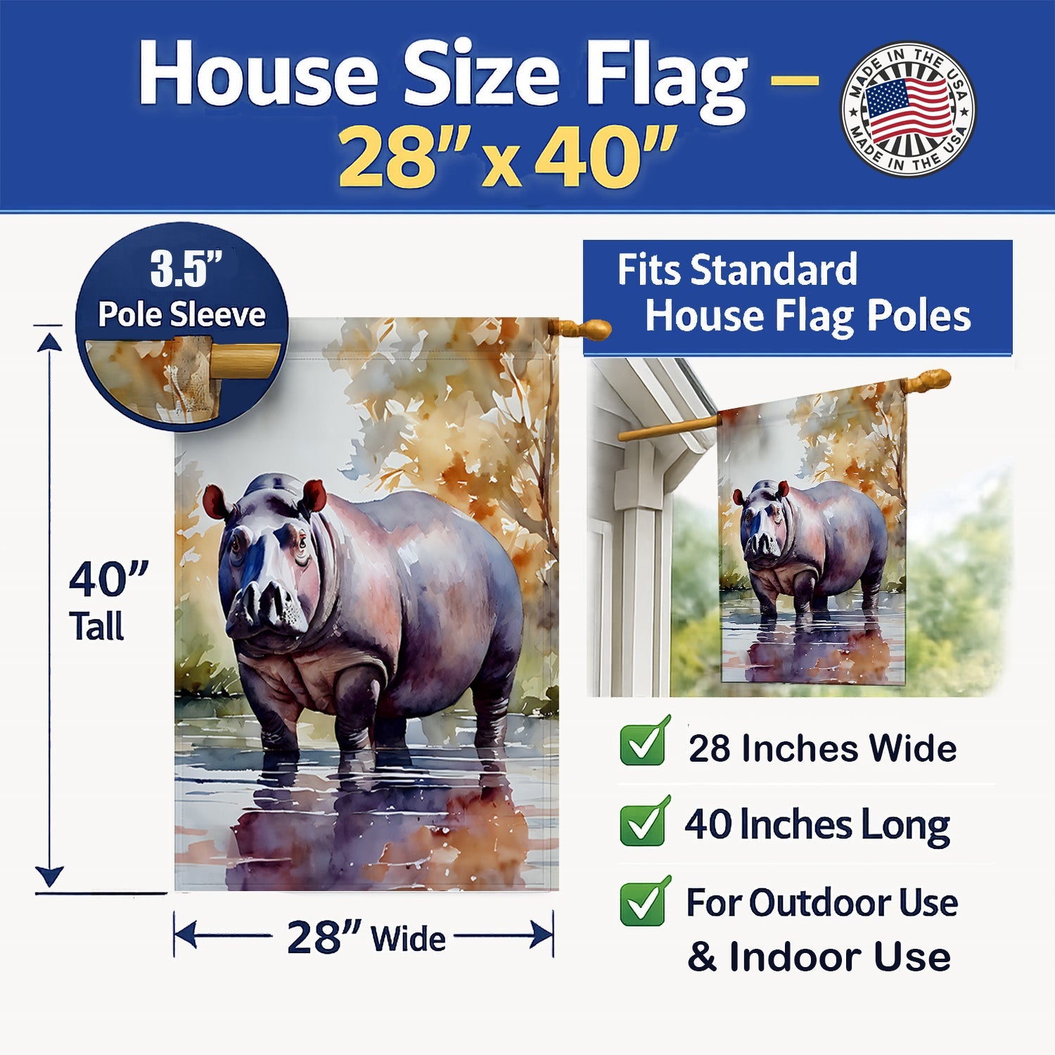 Hippopotamus House Flag 28x40 Porch Sleeve Pole Decorative Outside Yard Banner Artwork Wall Hanging, Polyester