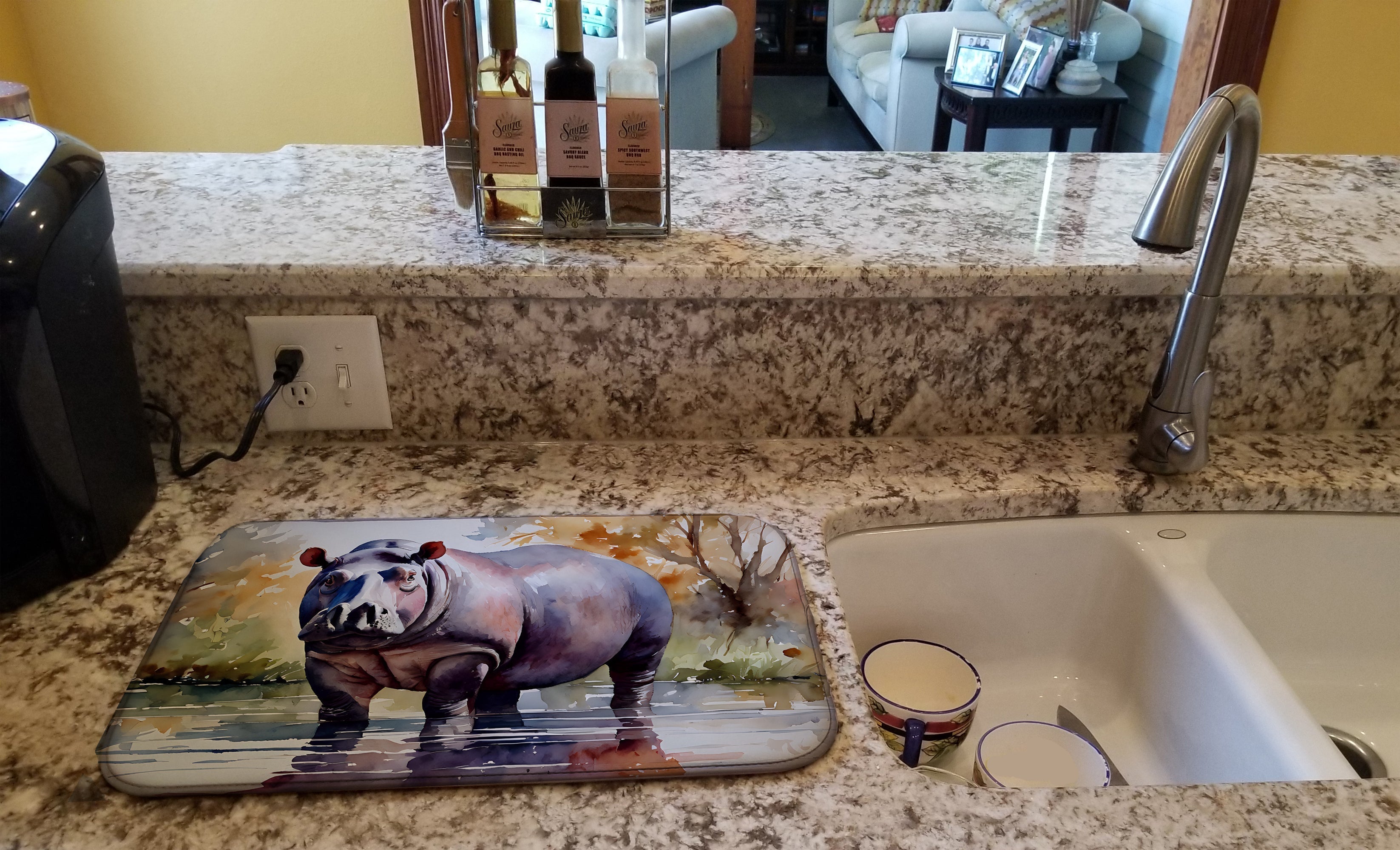 Hippopotamus Dish Drying Mat Absorbent Dish Drying Mat Pad for Kitchen Counter Dish Drainer Mat for Countertop, 14 x 21", Multicolor