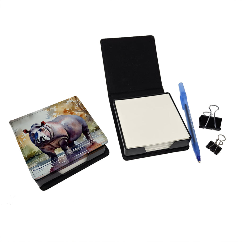 Hippopotamus PU Leather Note Paper Holder with Artist-Designed Cover, Desk Accessory, Office Gift