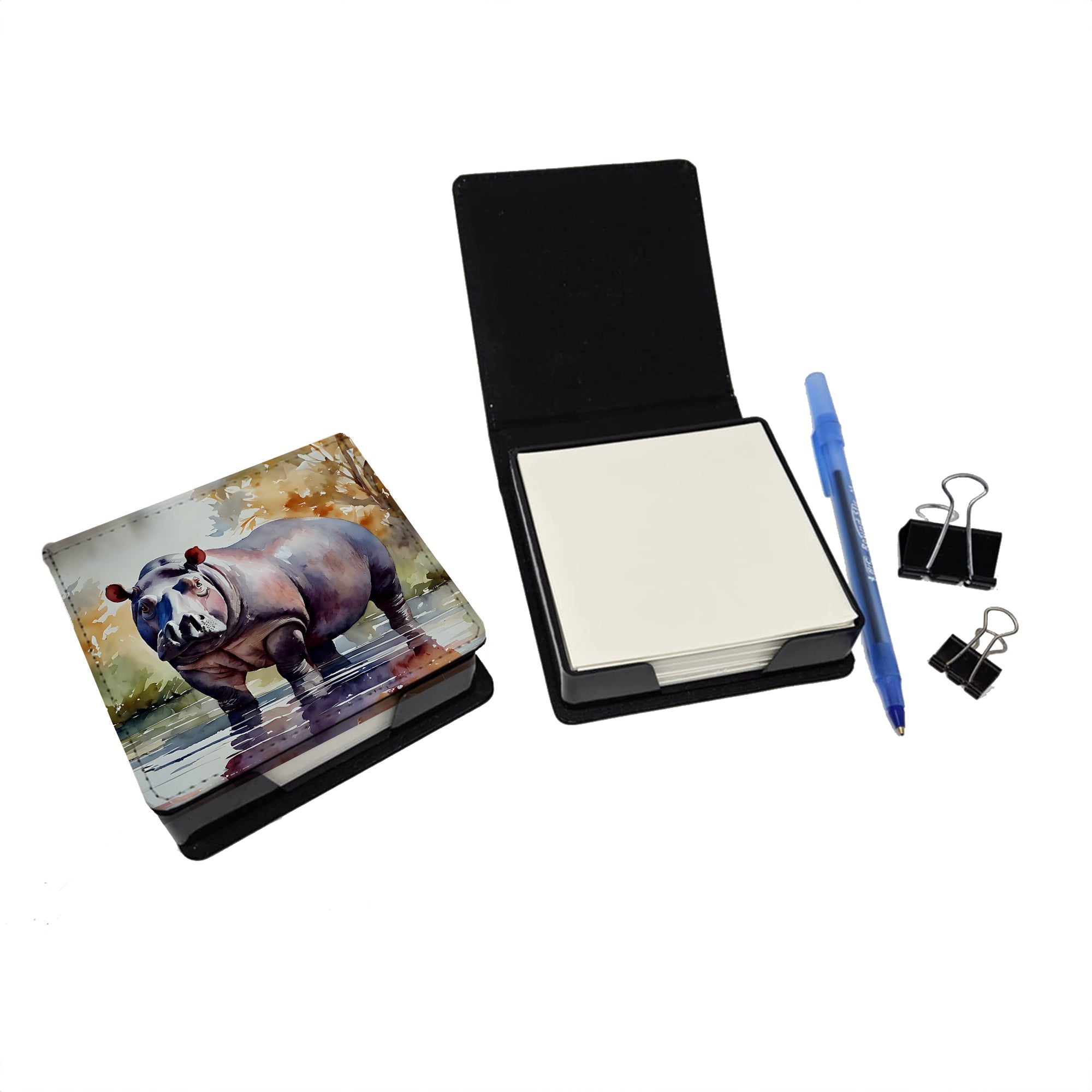Hippopotamus PU Leather Note Paper Holder with Artist-Designed Cover, Desk Accessory, Office Gift