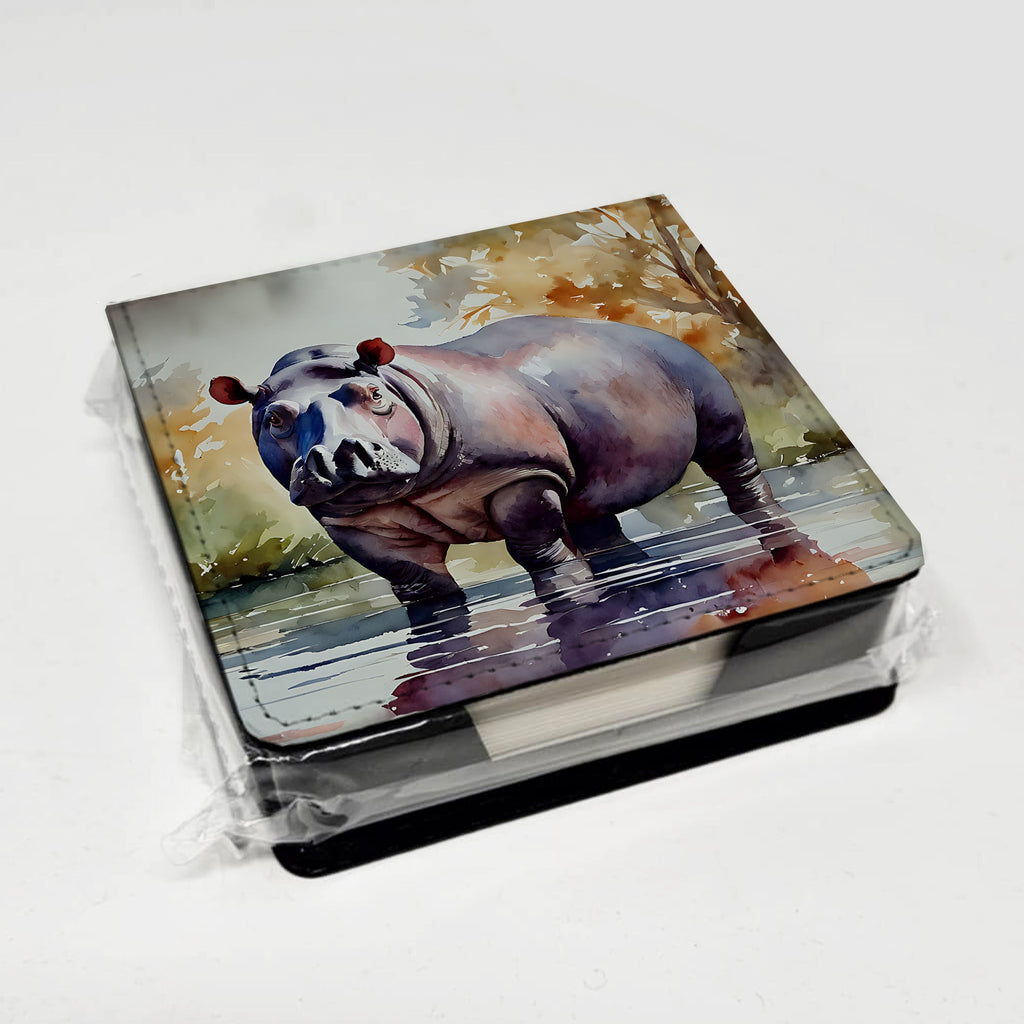 Hippopotamus PU Leather Note Paper Holder with Artist-Designed Cover, Desk Accessory, Office Gift