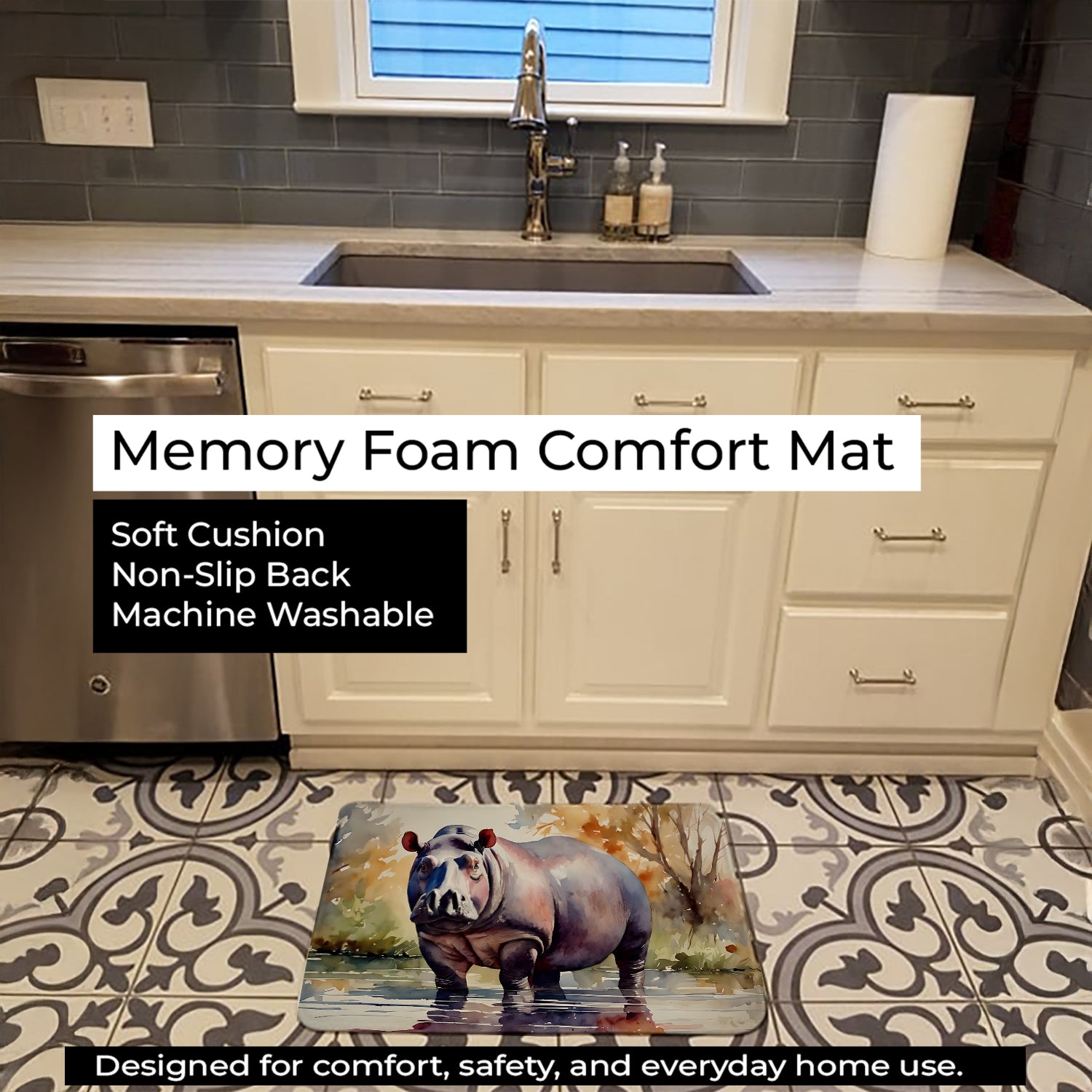 Hippopotamus Memory Foam Kitchen Mat Machine Washable Anti-Fatigue Cushion Comfort Bath or Kitchen Rug