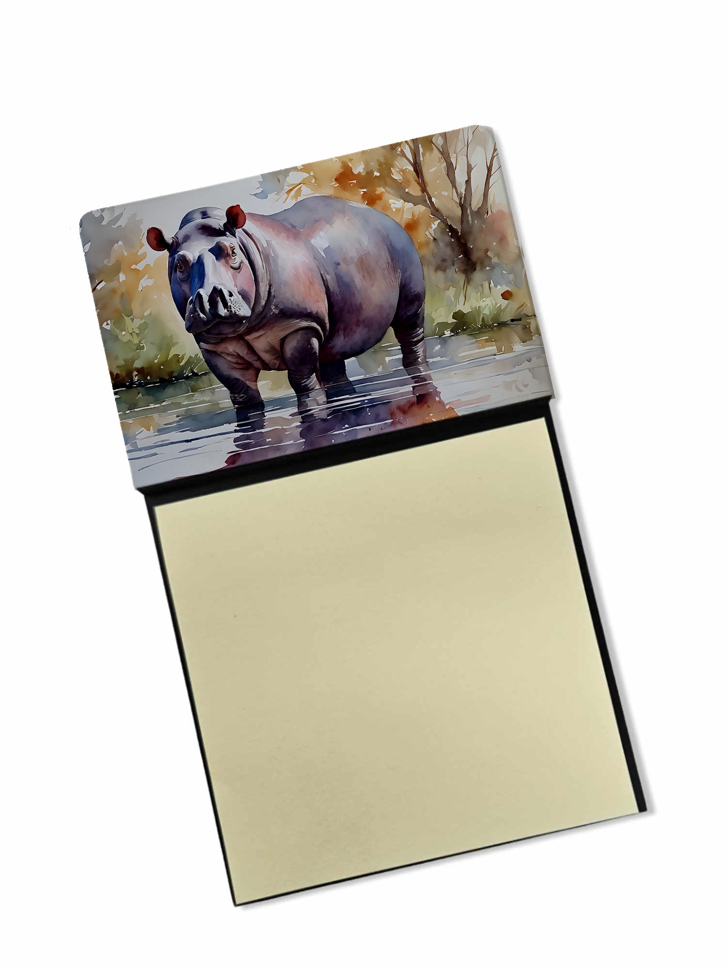 Hippopotamus Watercolor Sticky Note Holder Refillable Dispenser Desk Accessory 3x3 Pad Gift