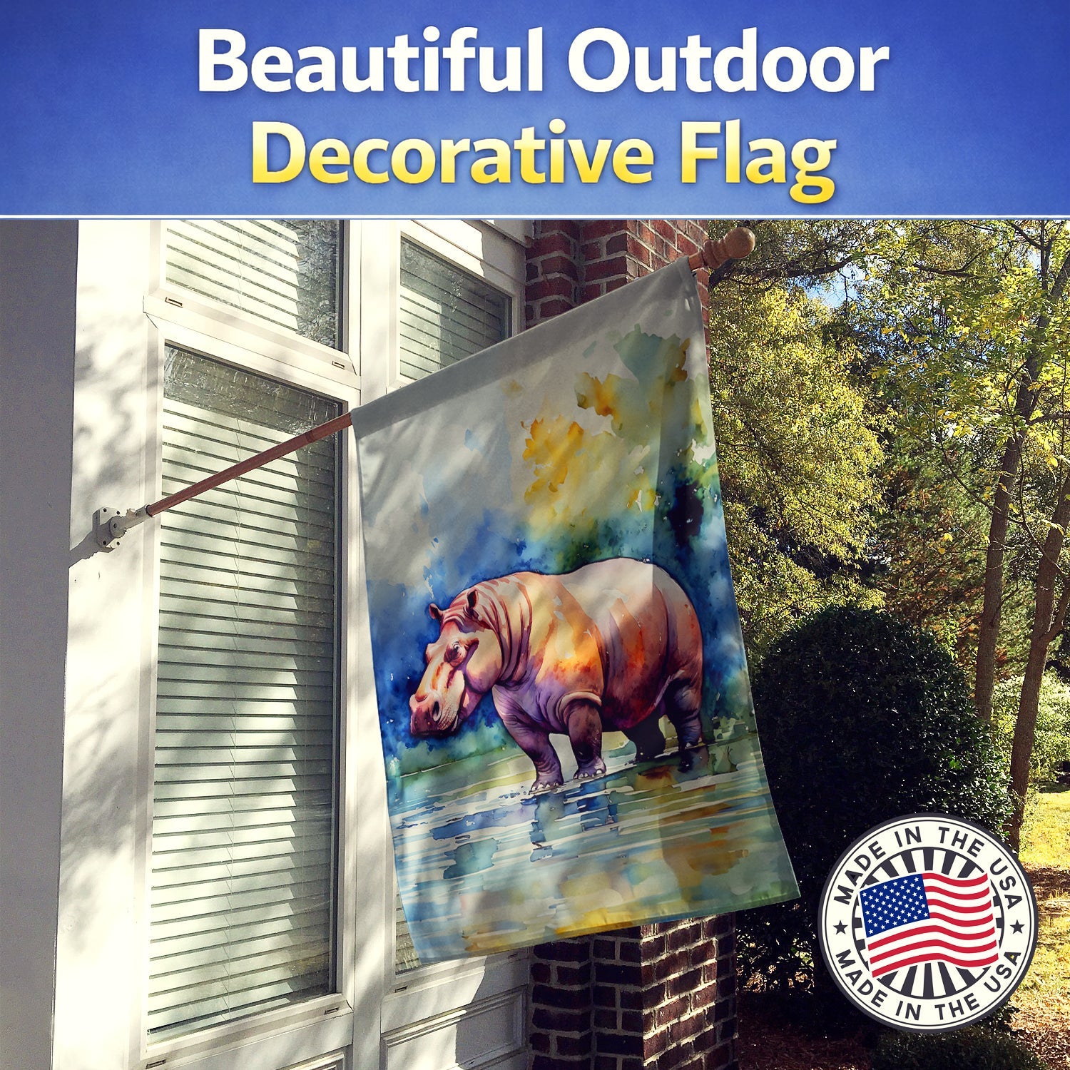 Hippopotamus House Flag 28x40 Porch Sleeve Pole Decorative Outside Yard Banner Artwork Wall Hanging, Polyester
