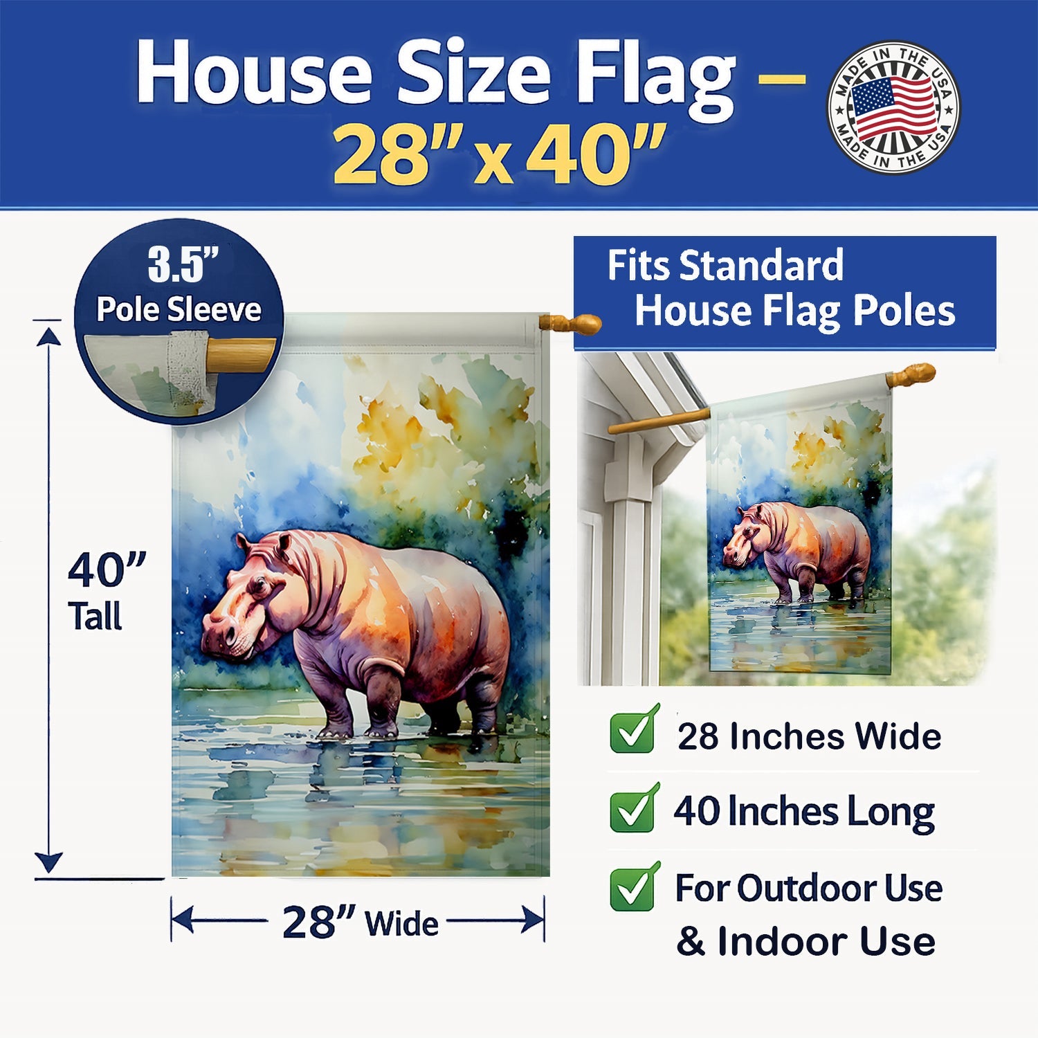 Hippopotamus House Flag 28x40 Porch Sleeve Pole Decorative Outside Yard Banner Artwork Wall Hanging, Polyester