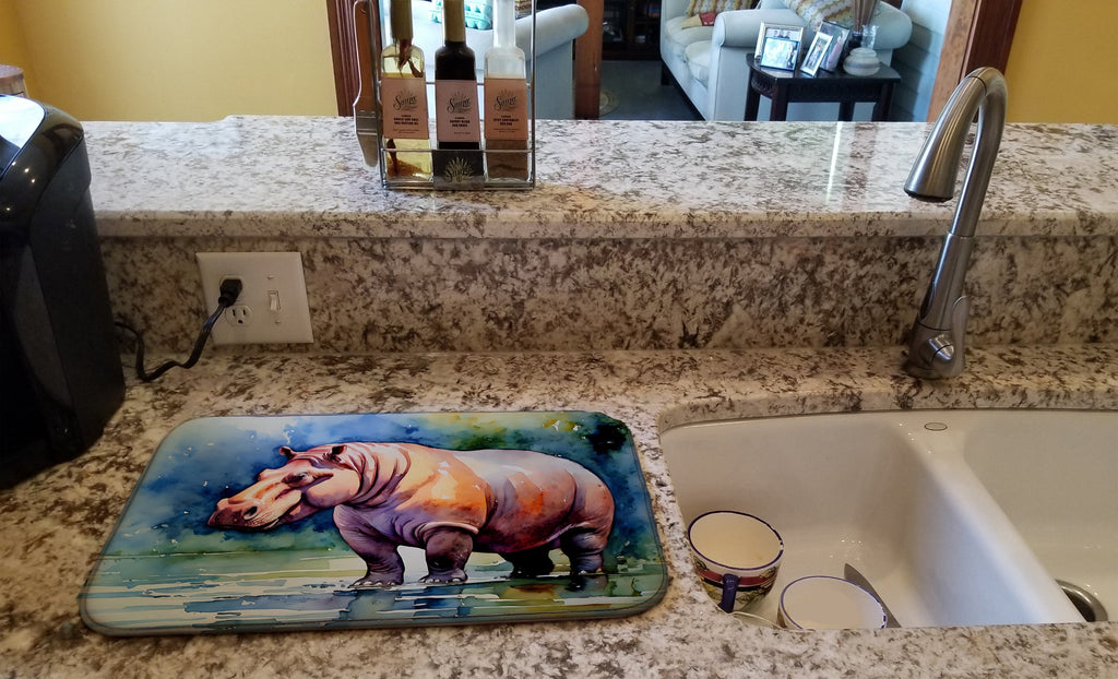 Hippopotamus Dish Drying Mat Absorbent Dish Drying Mat Pad for Kitchen Counter Dish Drainer Mat for Countertop, 14 x 21", Multicolor