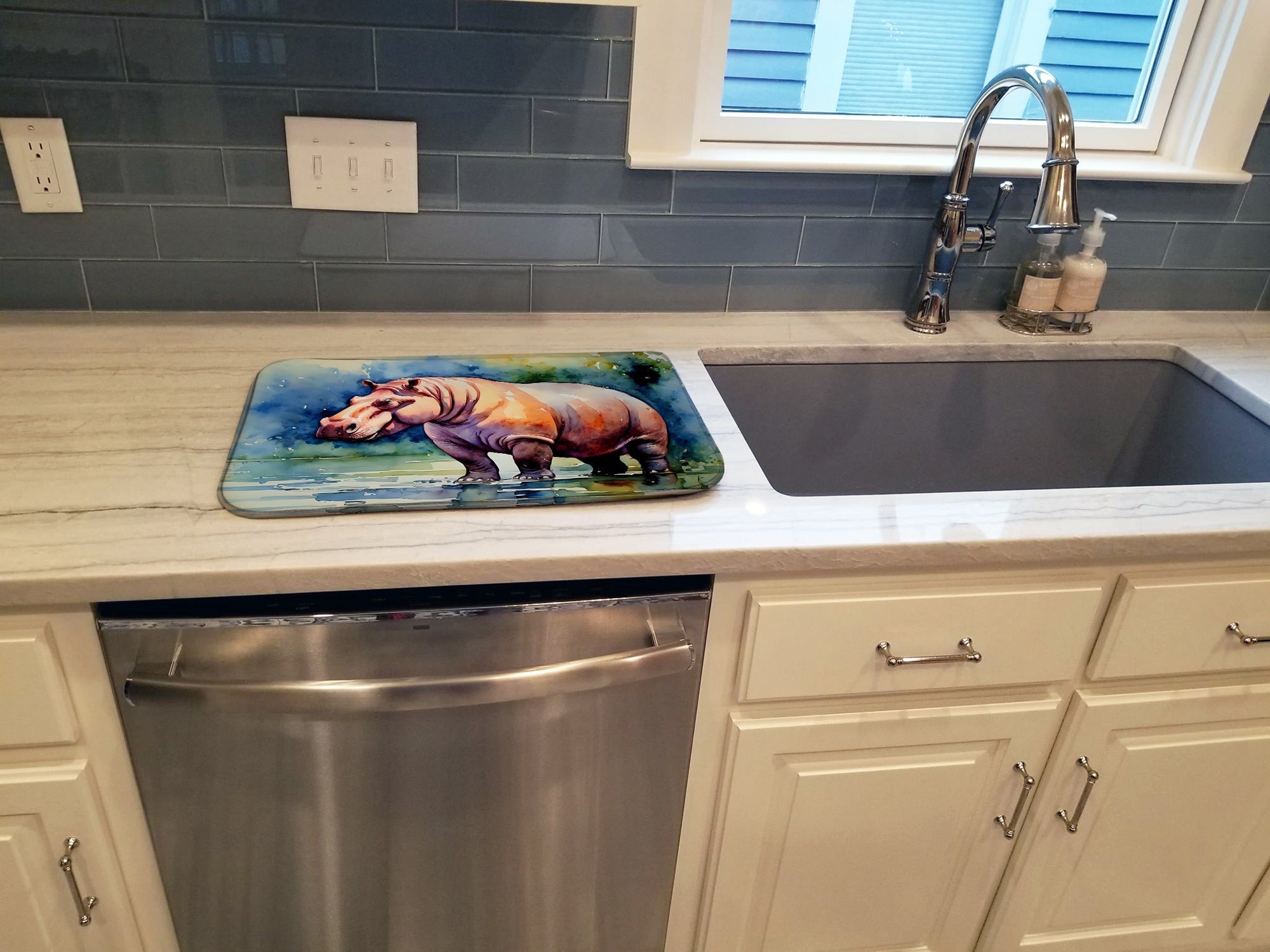 Hippopotamus Dish Drying Mat Absorbent Dish Drying Mat Pad for Kitchen Counter Dish Drainer Mat for Countertop, 14 x 21", Multicolor