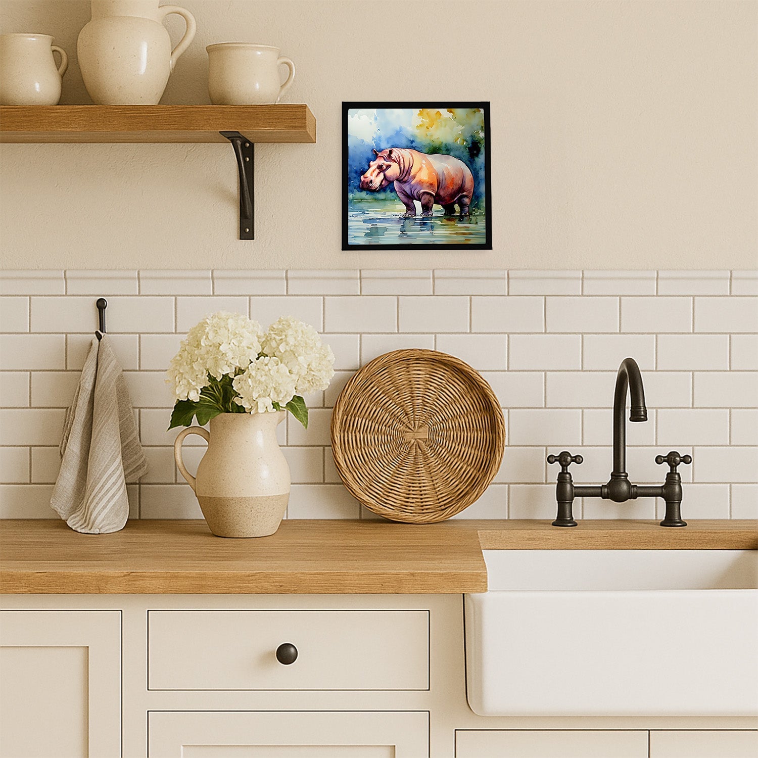 Hippopotamus Framed Metal Print Bathroom, Kitchen, Office, Home Decor Wall Art Ready to Hang, Square, 8X8