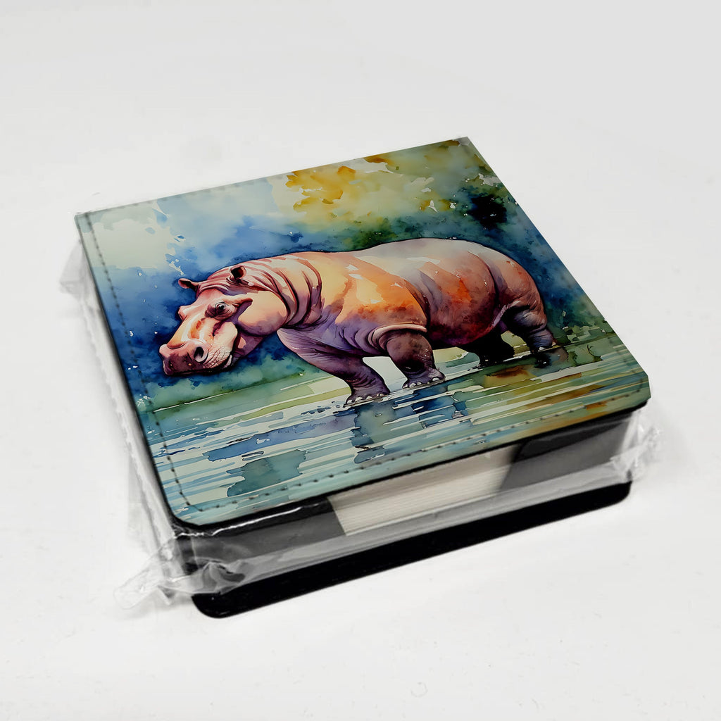 Hippopotamus PU Leather Note Paper Holder with Artist-Designed Cover, Desk Accessory, Office Gift