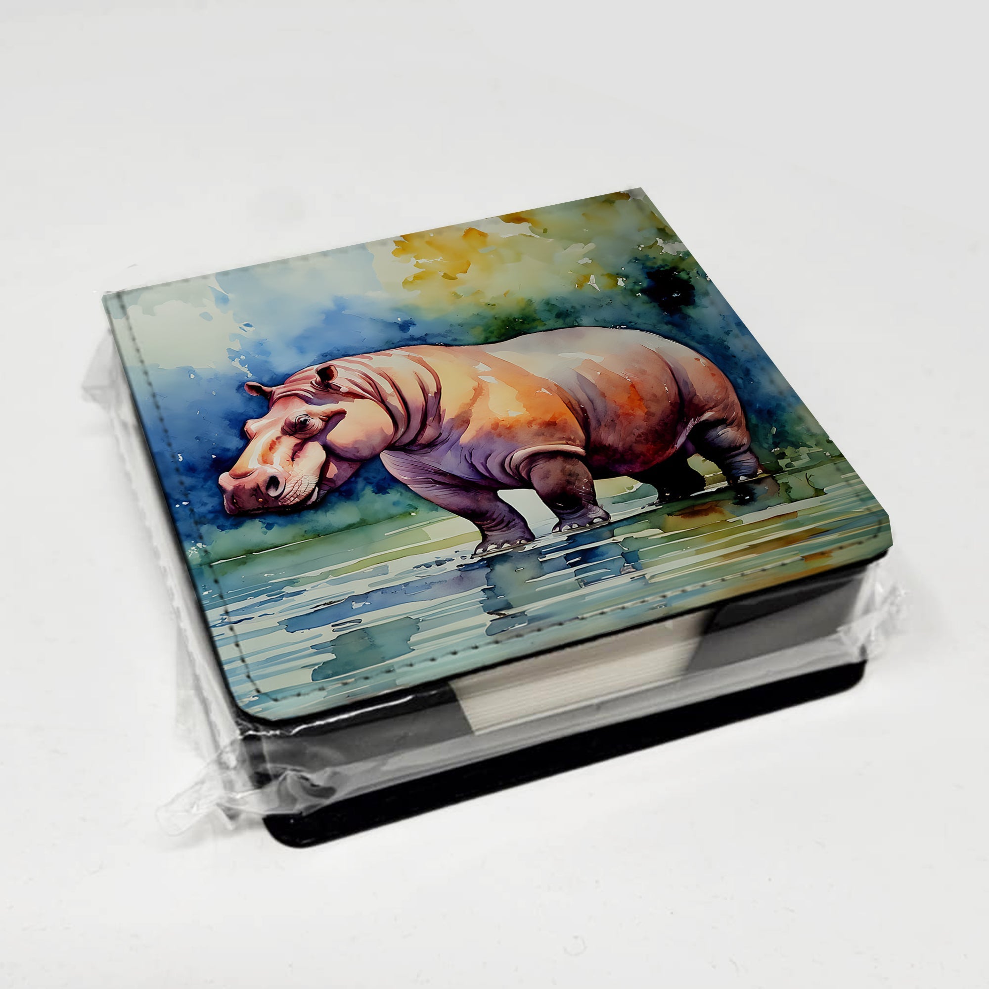 Hippopotamus PU Leather Note Paper Holder with Artist-Designed Cover, Desk Accessory, Office Gift