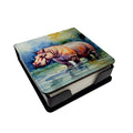Hippopotamus PU Leather Note Paper Holder with Artist-Designed Cover, Desk Accessory, Office Gift