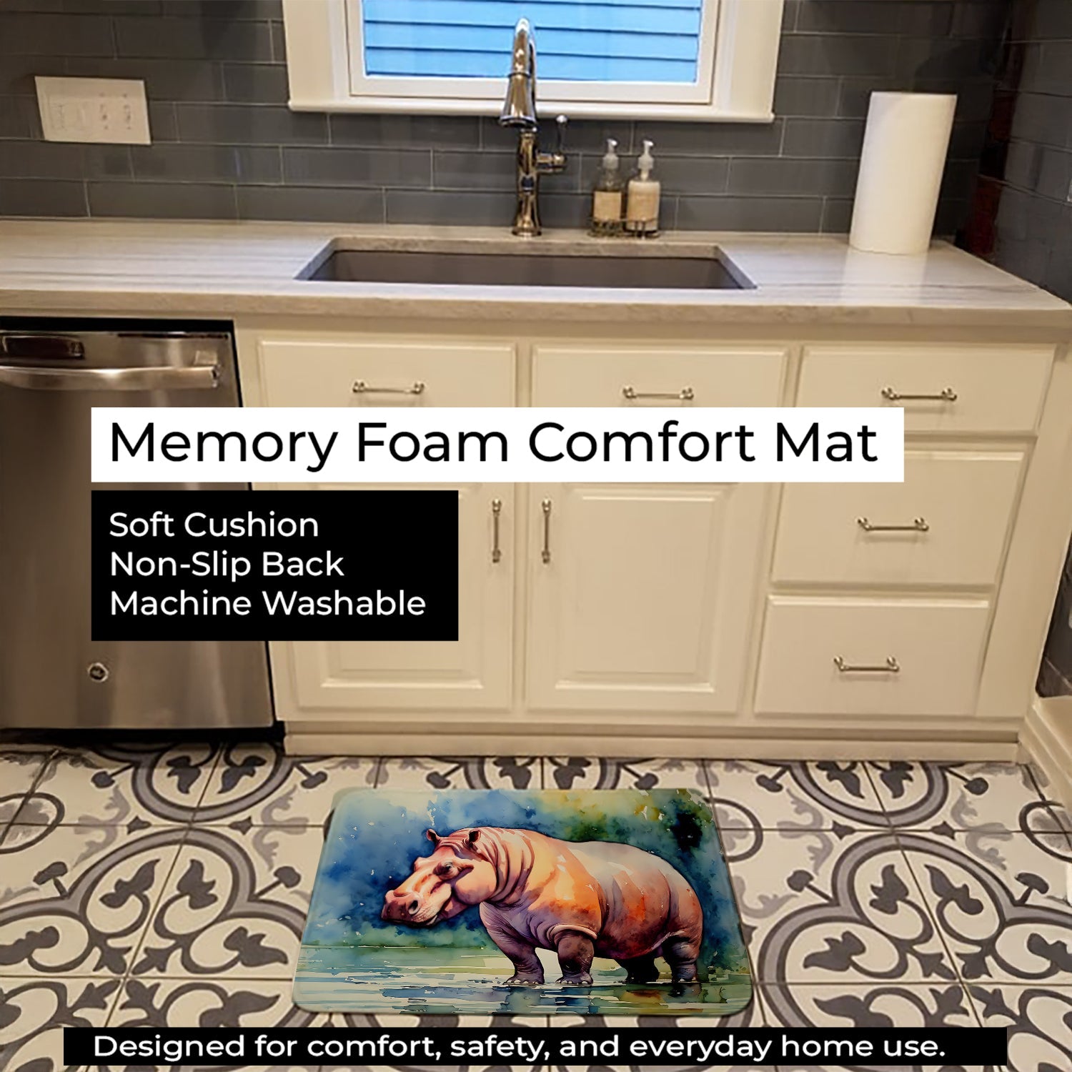 Hippopotamus Memory Foam Kitchen Mat Machine Washable Anti-Fatigue Cushion Comfort Bath or Kitchen Rug