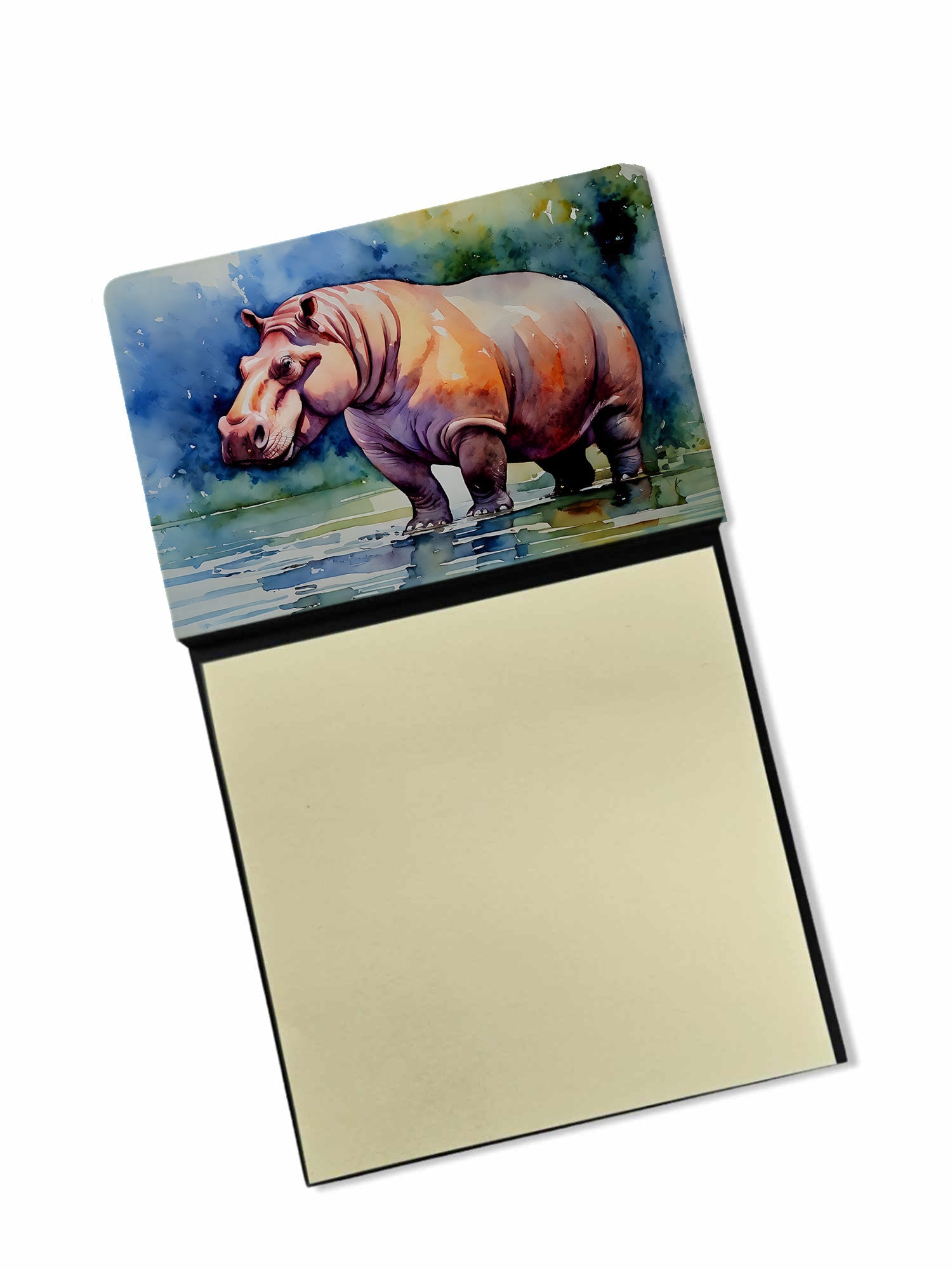 Hippopotamus Watercolor Sticky Note Holder Refillable Dispenser Desk Accessory 3x3 Pad Gift
