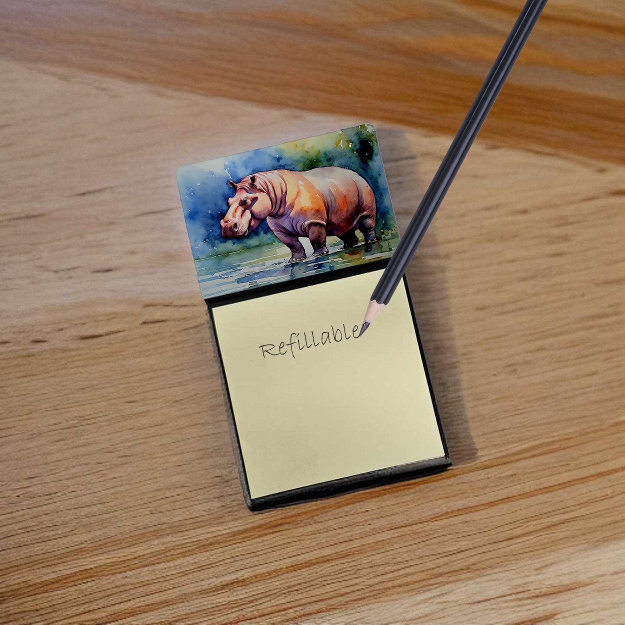 Hippopotamus Watercolor Sticky Note Holder Refillable Dispenser Desk Accessory 3x3 Pad Gift