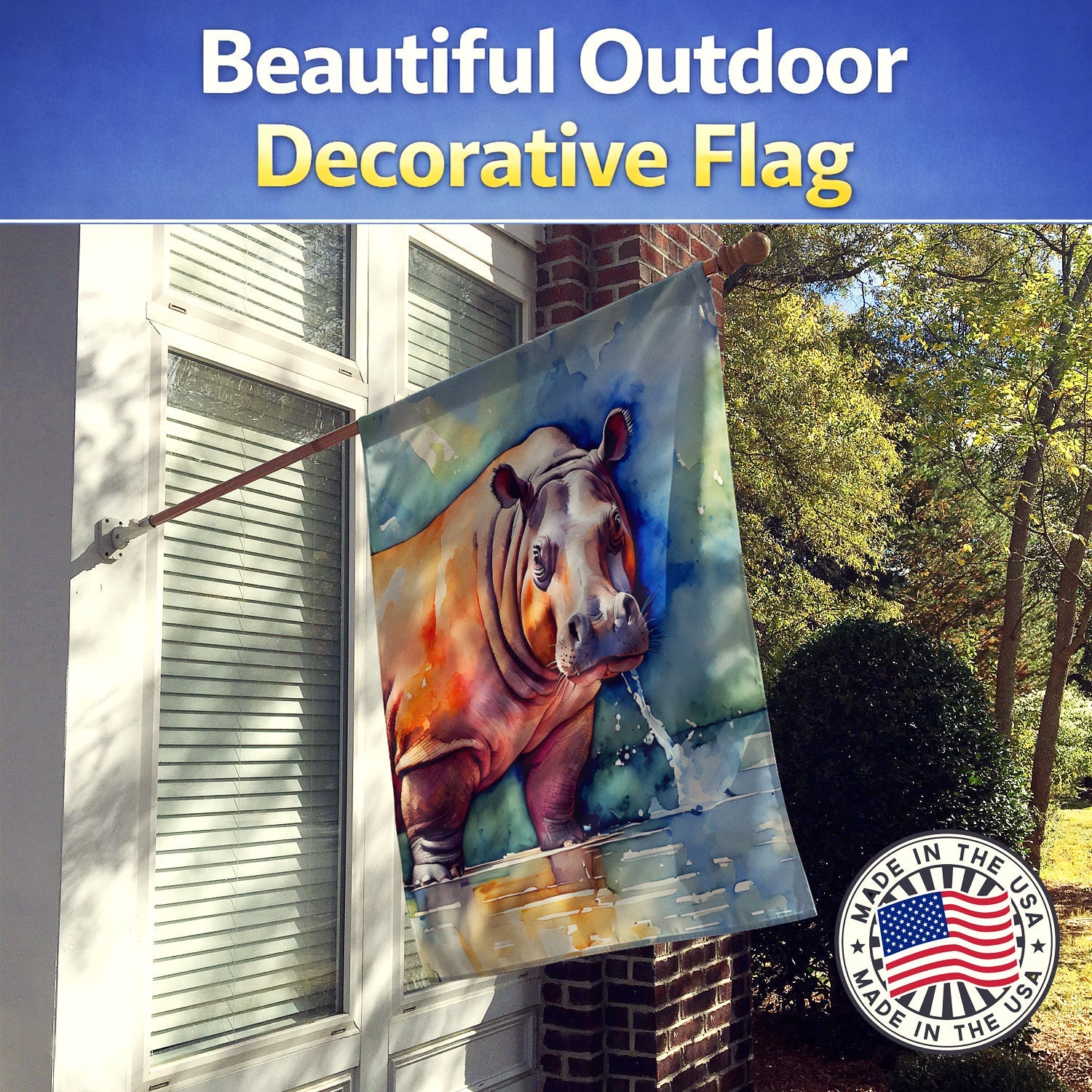 Hippopotamus House Flag 28x40 Porch Sleeve Pole Decorative Outside Yard Banner Artwork Wall Hanging, Polyester