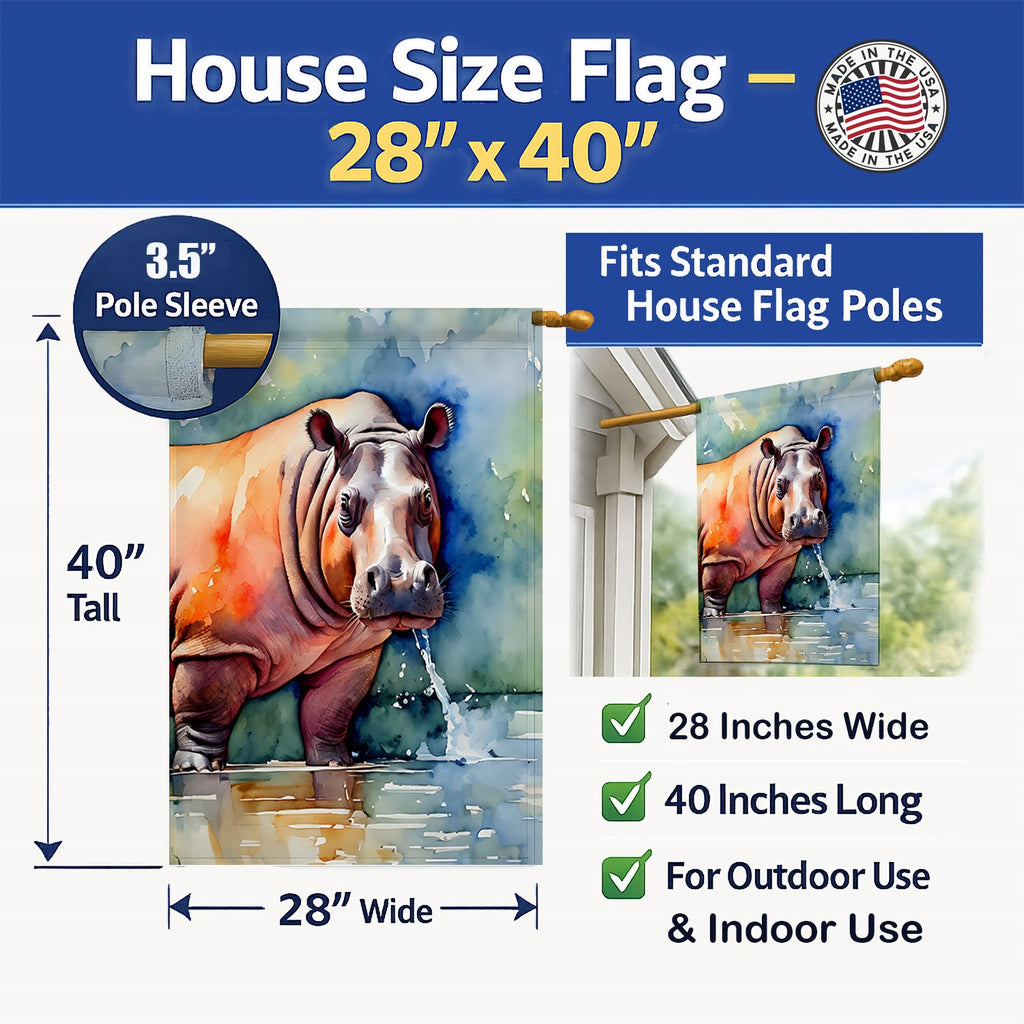 Hippopotamus House Flag 28x40 Porch Sleeve Pole Decorative Outside Yard Banner Artwork Wall Hanging, Polyester
