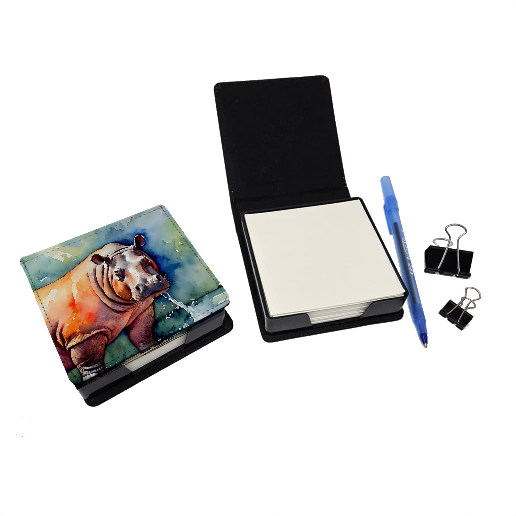 Hippopotamus PU Leather Note Paper Holder with Artist-Designed Cover, Desk Accessory, Office Gift