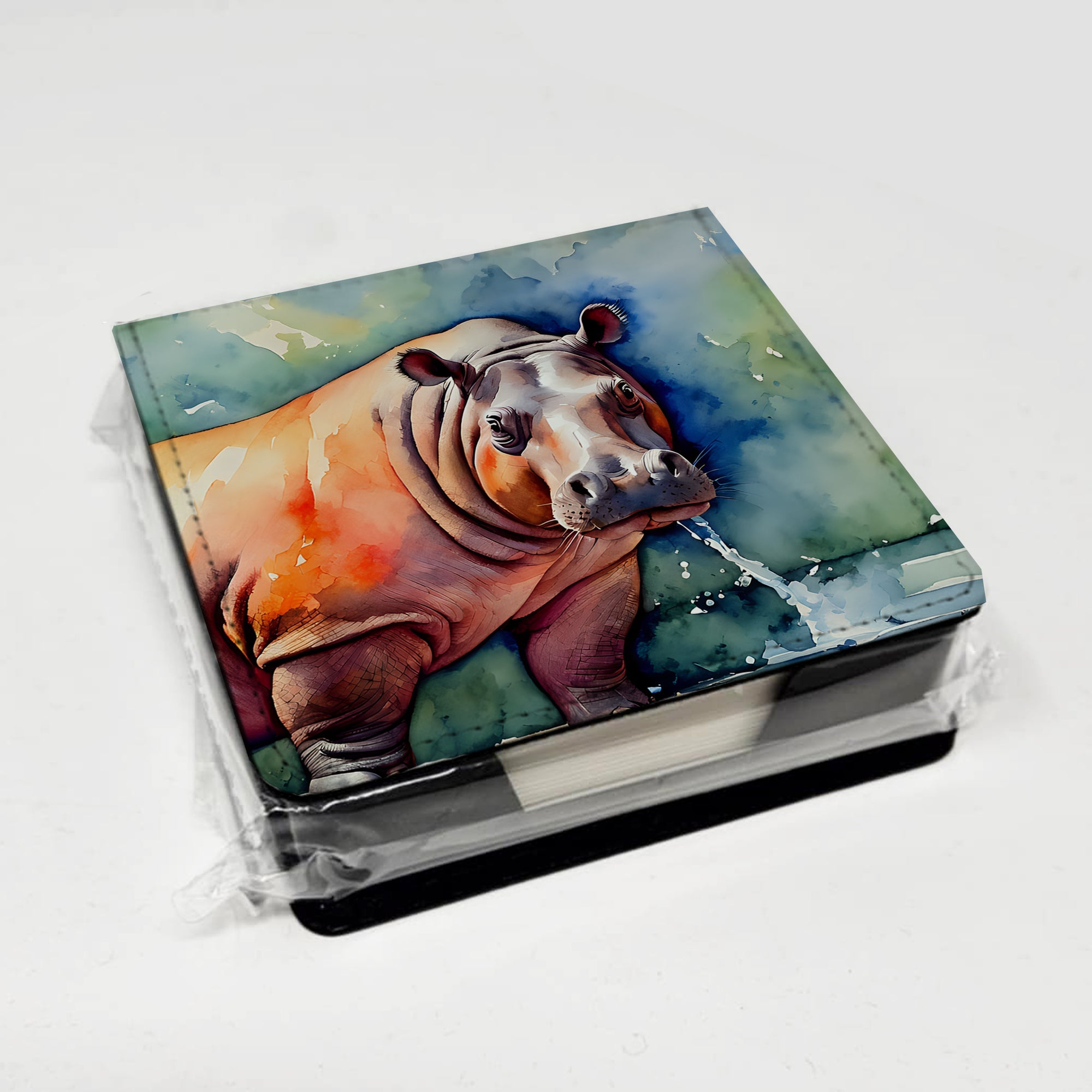 Hippopotamus PU Leather Note Paper Holder with Artist-Designed Cover, Desk Accessory, Office Gift