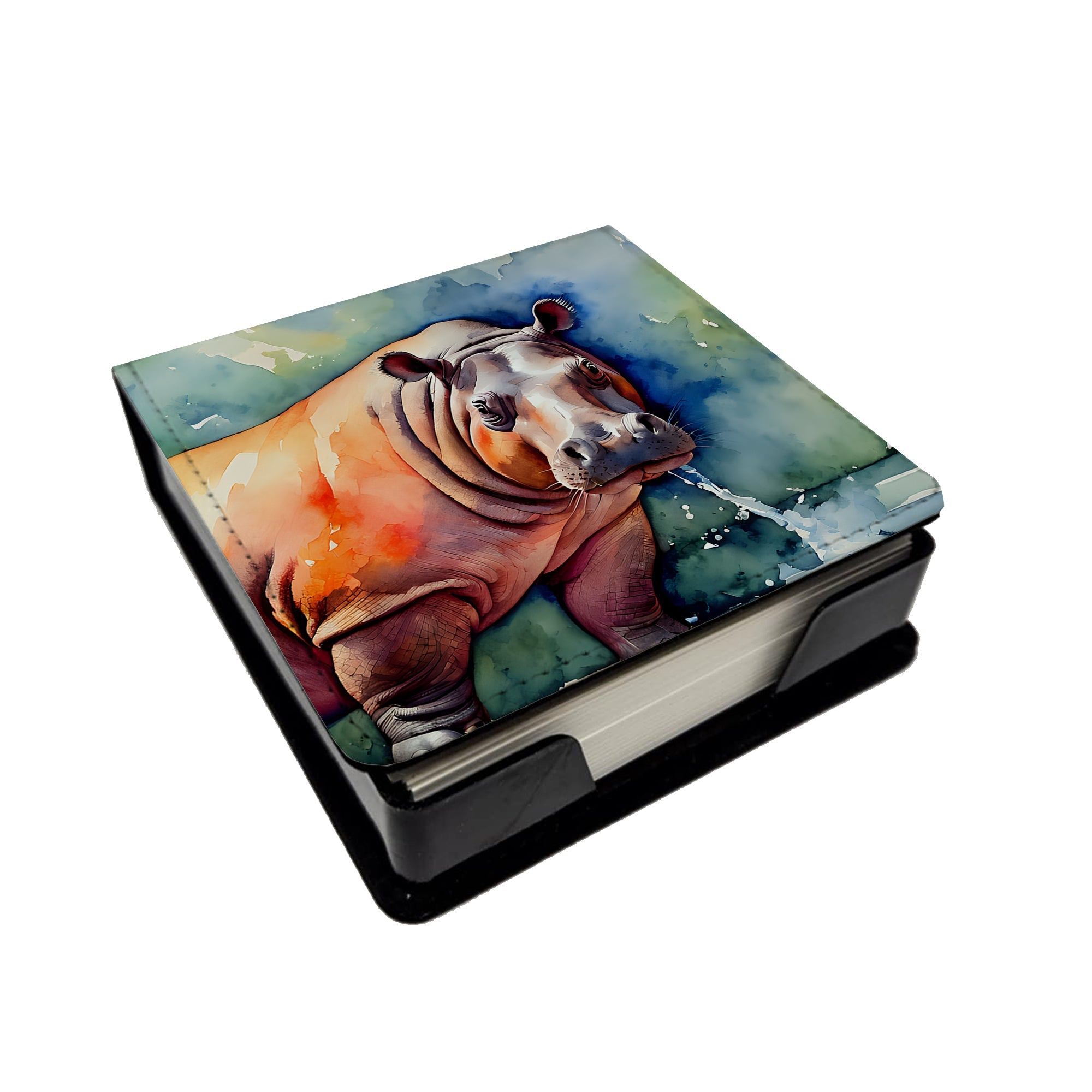 Hippopotamus PU Leather Note Paper Holder with Artist-Designed Cover, Desk Accessory, Office Gift