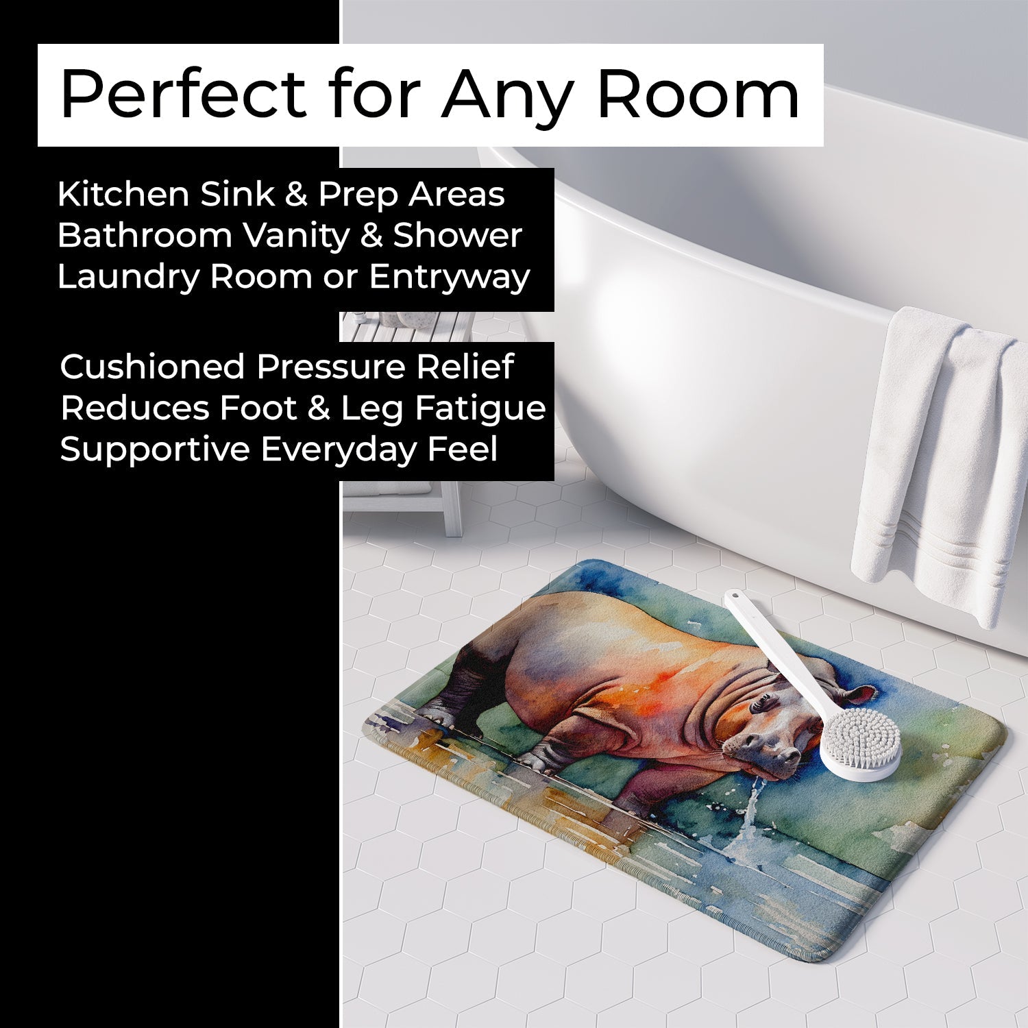 Hippopotamus Memory Foam Kitchen Mat Machine Washable Anti-Fatigue Cushion Comfort Bath or Kitchen Rug