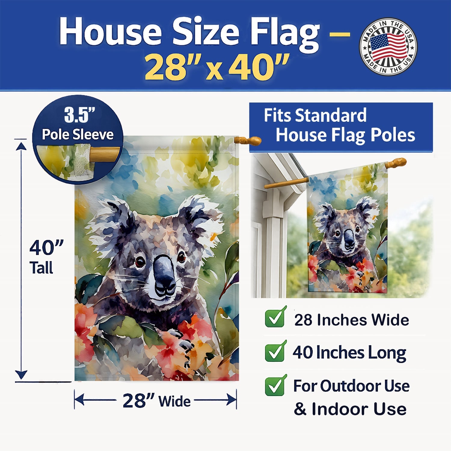 Koala House Flag 28x40 Porch Sleeve Pole Decorative Outside Yard Banner Artwork Wall Hanging, Polyester