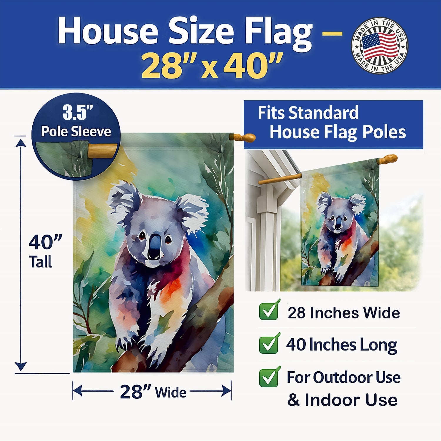 Koala House Flag 28x40 Porch Sleeve Pole Decorative Outside Yard Banner Artwork Wall Hanging, Polyester