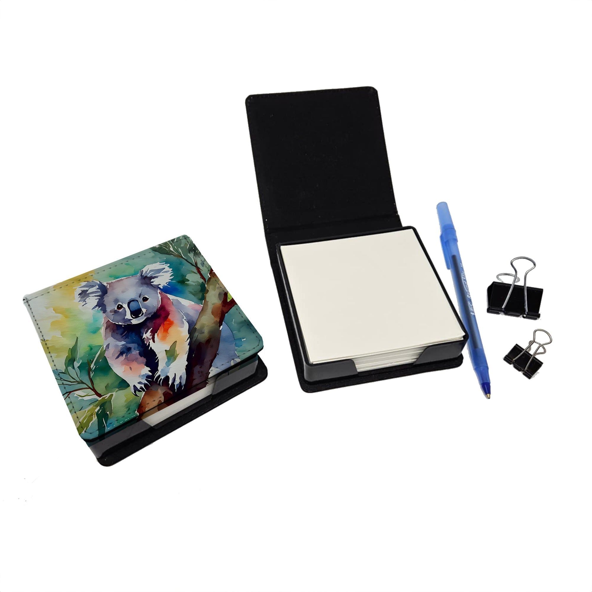 Koala PU Leather Note Paper Holder with Artist-Designed Cover, Desk Accessory, Office Gift