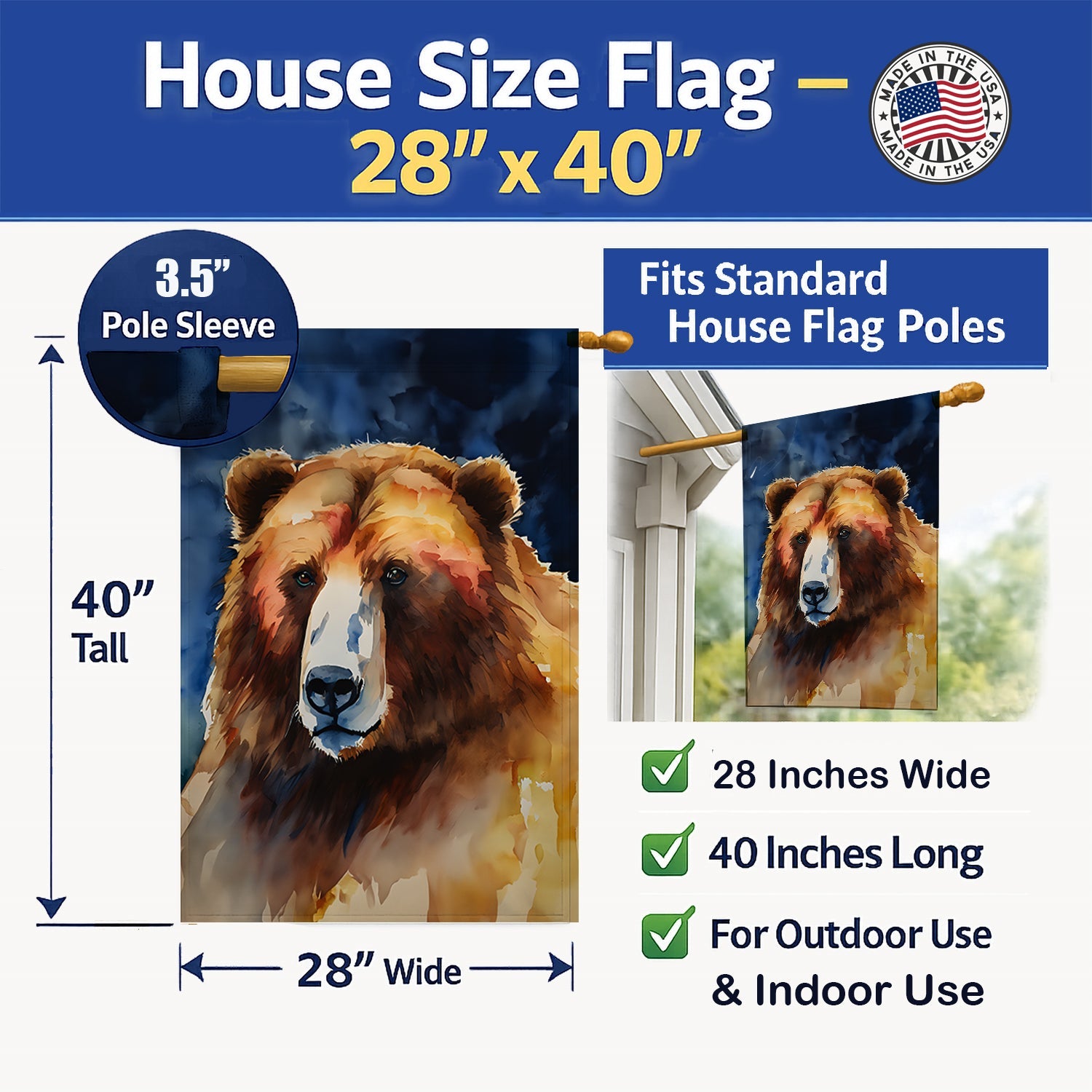 Kodiak Bear House Flag 28x40 Porch Sleeve Pole Decorative Outside Yard Banner Artwork Wall Hanging, Polyester