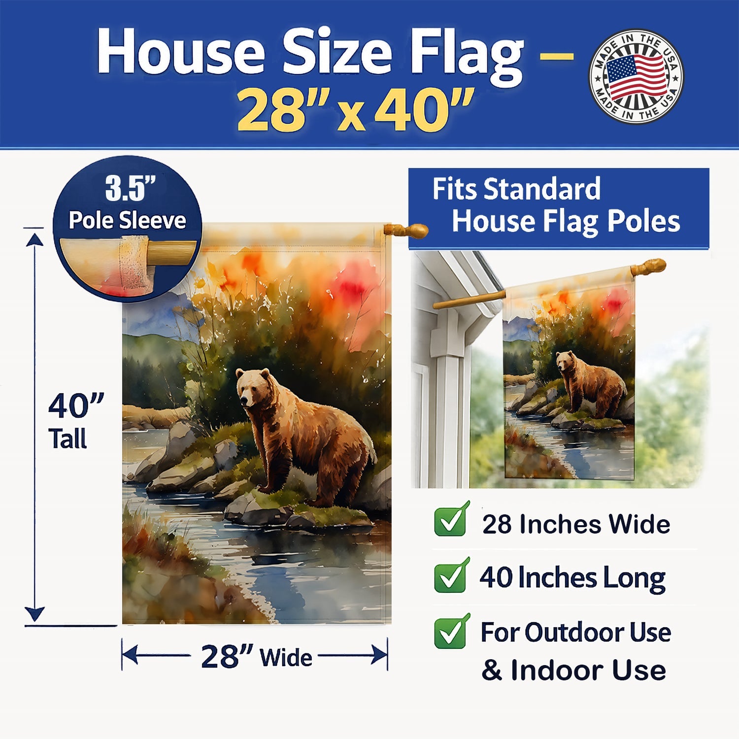 Kodiak Bear House Flag 28x40 Porch Sleeve Pole Decorative Outside Yard Banner Artwork Wall Hanging, Polyester