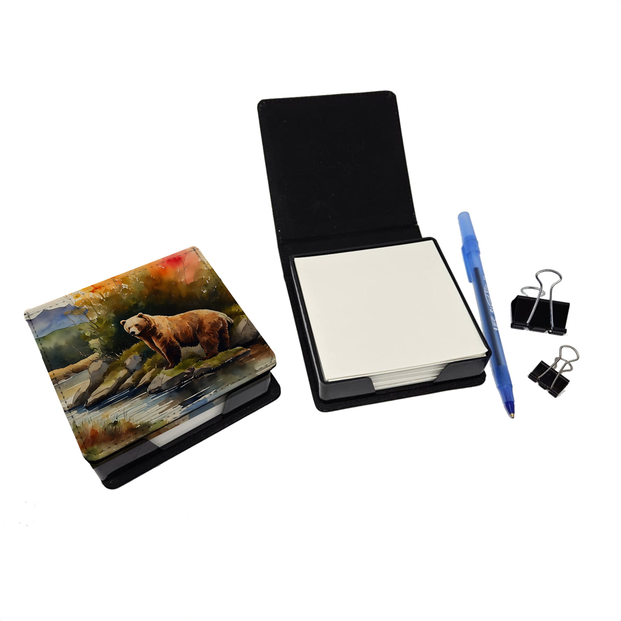 Kodiak Bear PU Leather Note Paper Holder with Artist-Designed Cover, Desk Accessory, Office Gift