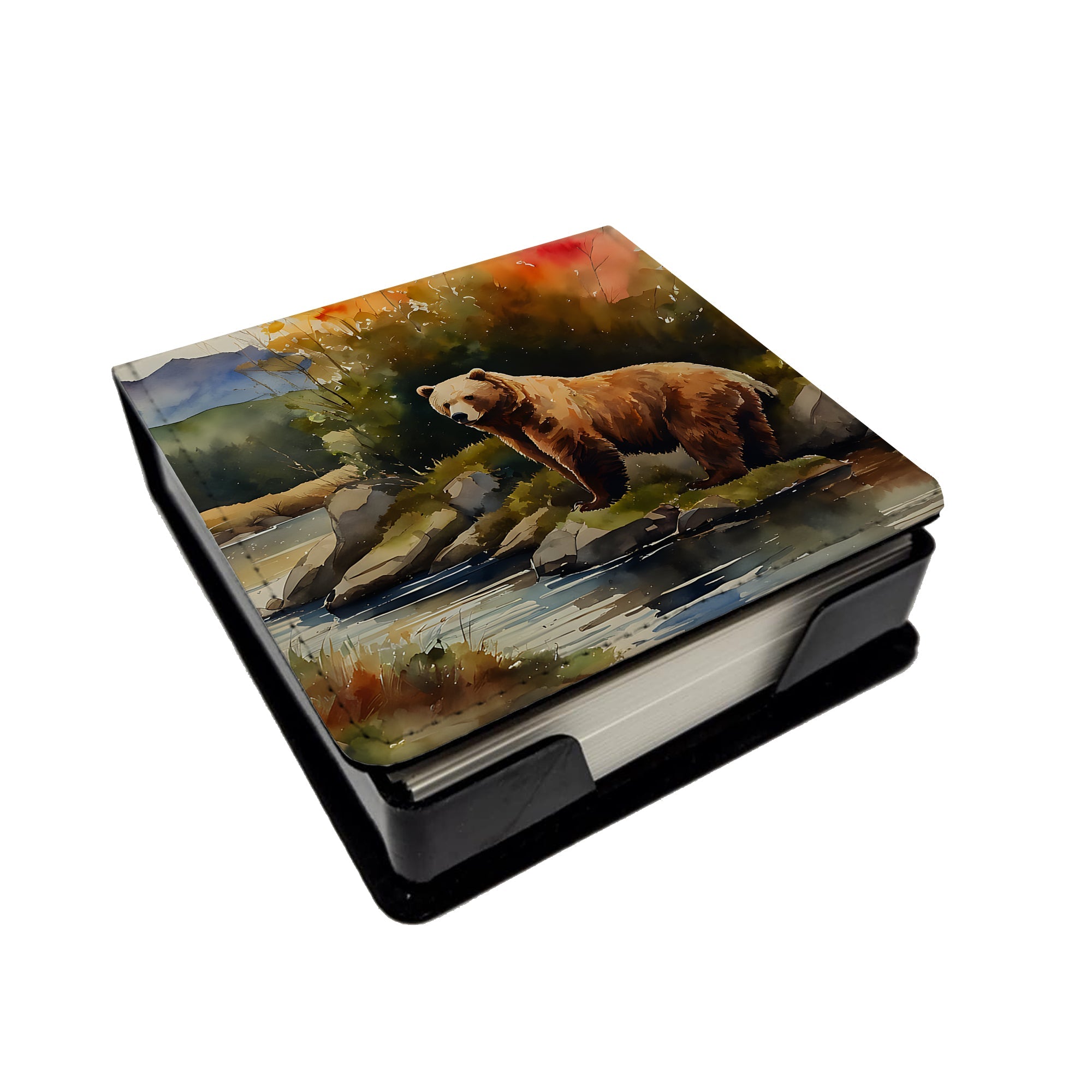 Kodiak Bear PU Leather Note Paper Holder with Artist-Designed Cover, Desk Accessory, Office Gift