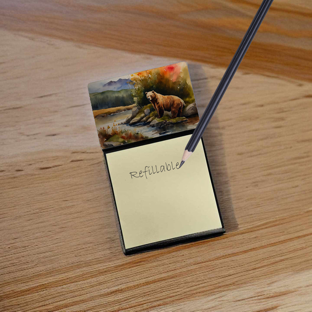 Kodiak Bear Watercolor Sticky Note Holder Refillable Dispenser Desk Accessory 3x3 Pad Gift