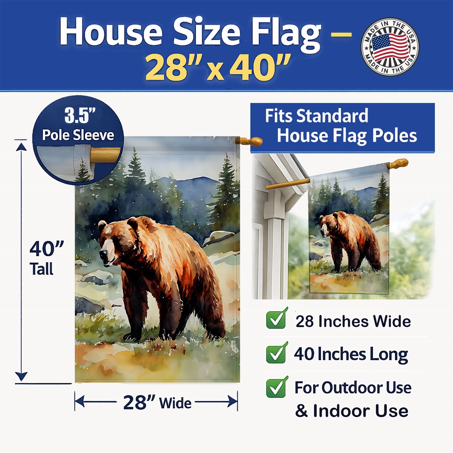 Kodiak Bear House Flag 28x40 Porch Sleeve Pole Decorative Outside Yard Banner Artwork Wall Hanging, Polyester