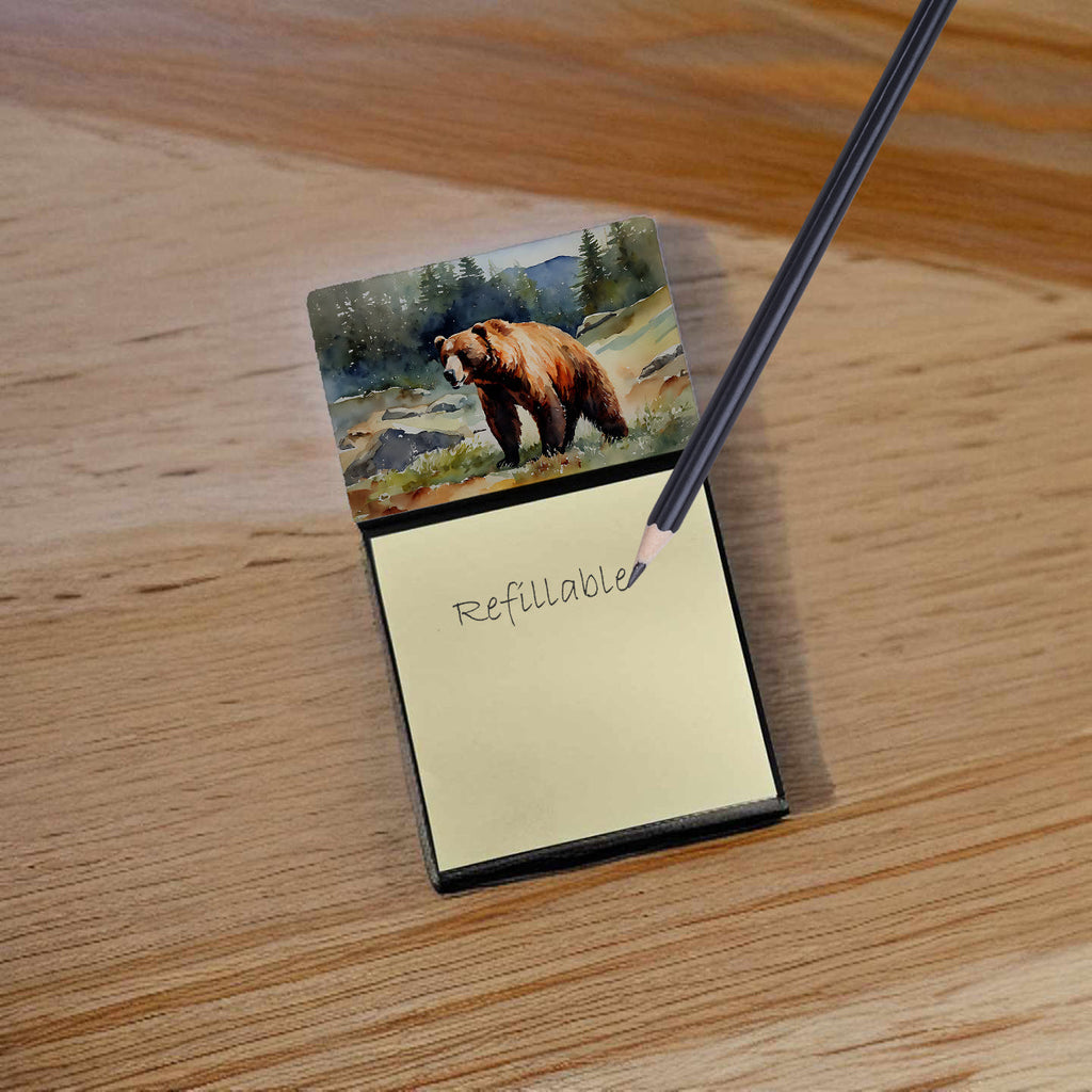 Kodiak Bear Watercolor Sticky Note Holder Refillable Dispenser Desk Accessory 3x3 Pad Gift
