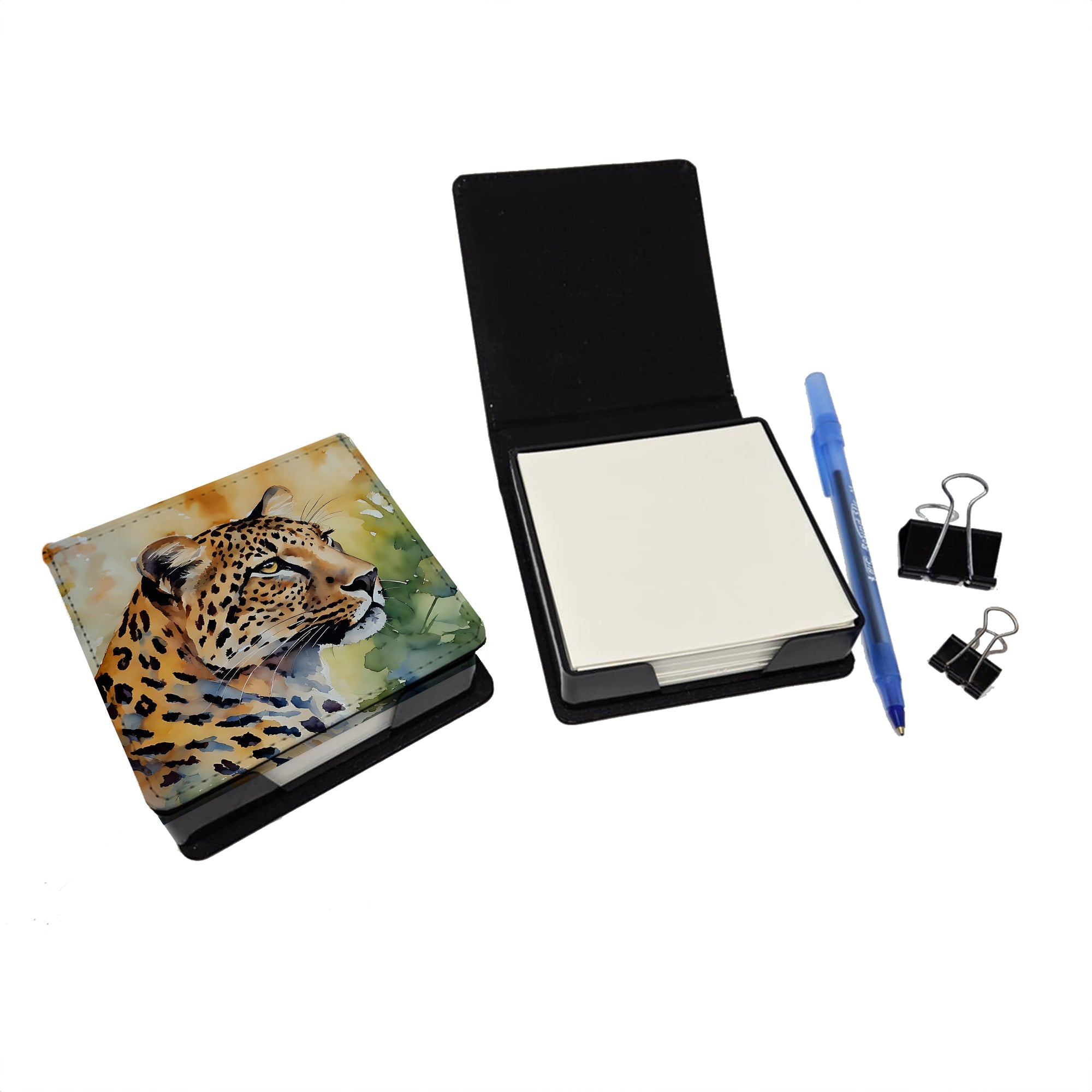 Leopard PU Leather Note Paper Holder with Artist-Designed Cover, Desk Accessory, Office Gift
