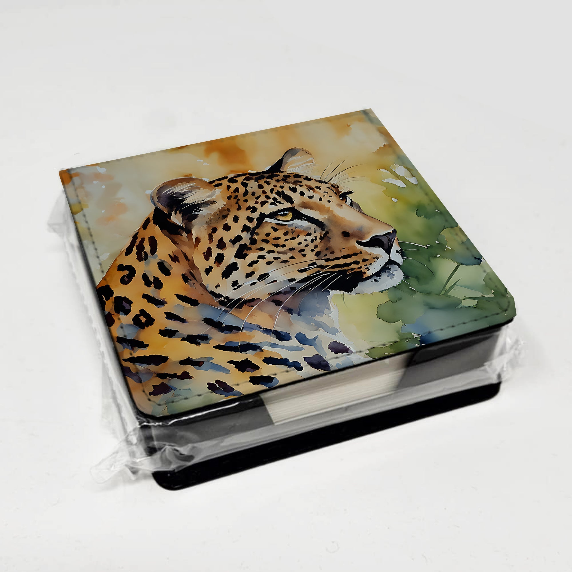 Leopard PU Leather Note Paper Holder with Artist-Designed Cover, Desk Accessory, Office Gift