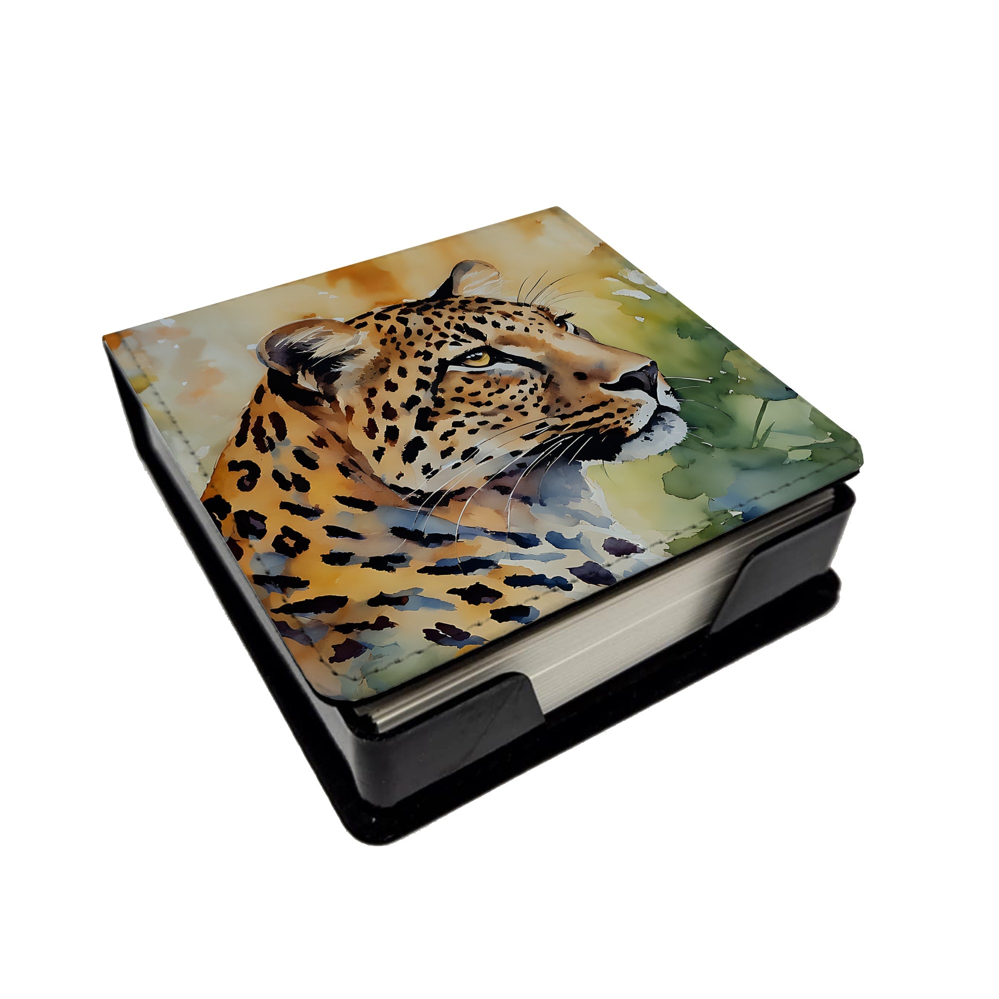 Leopard PU Leather Note Paper Holder with Artist-Designed Cover, Desk Accessory, Office Gift