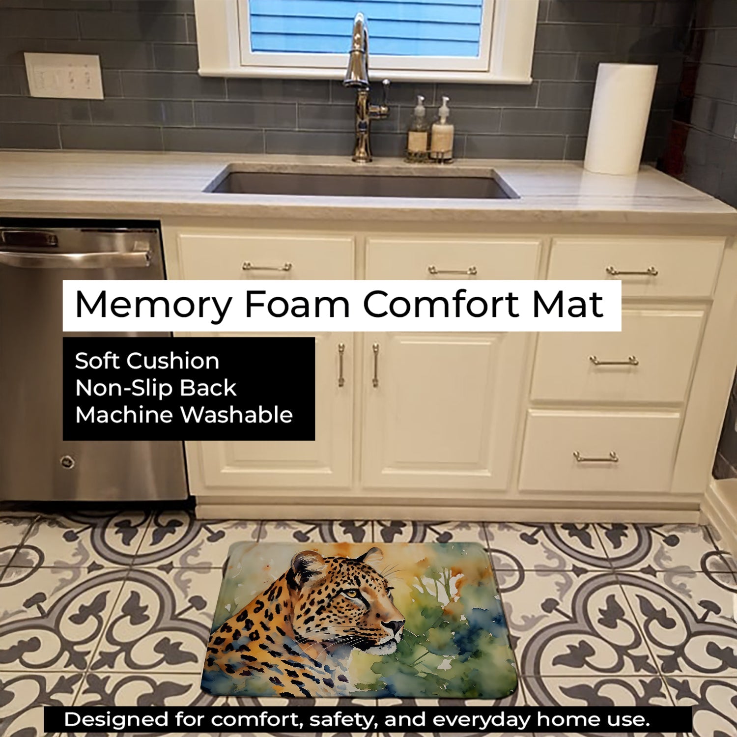 Leopard Memory Foam Kitchen Mat Machine Washable Anti-Fatigue Cushion Comfort Bath or Kitchen Rug