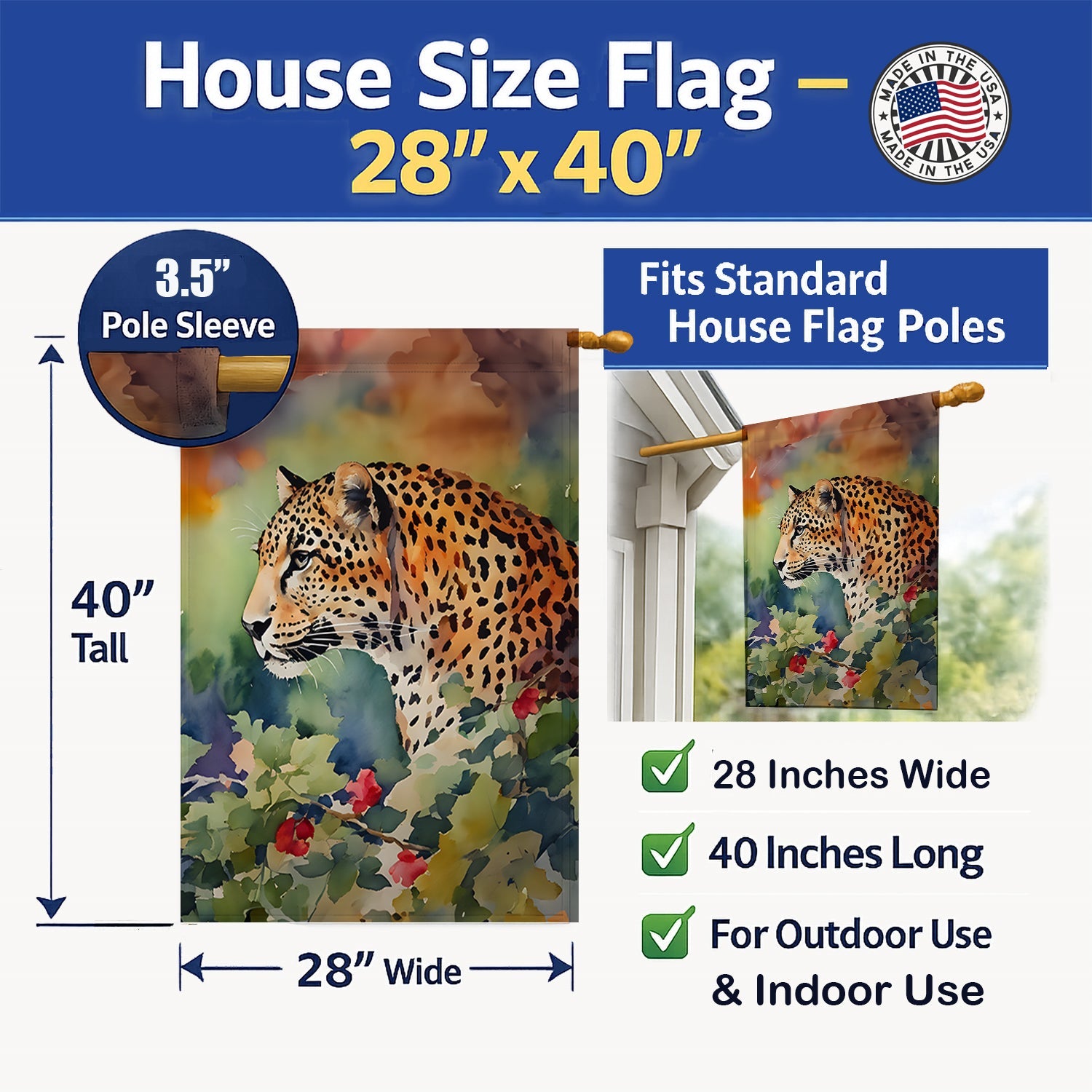 Leopard House Flag 28x40 Porch Sleeve Pole Decorative Outside Yard Banner Artwork Wall Hanging, Polyester