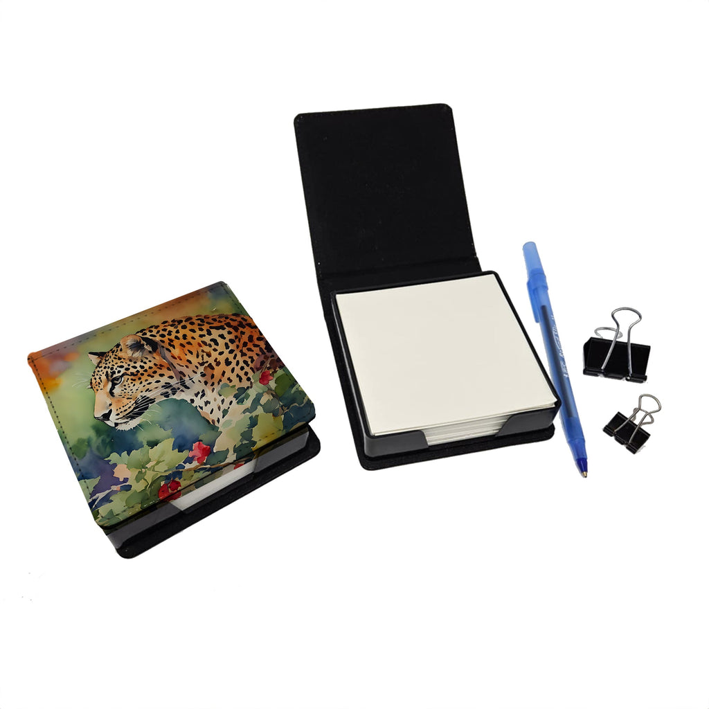 Leopard PU Leather Note Paper Holder with Artist-Designed Cover, Desk Accessory, Office Gift