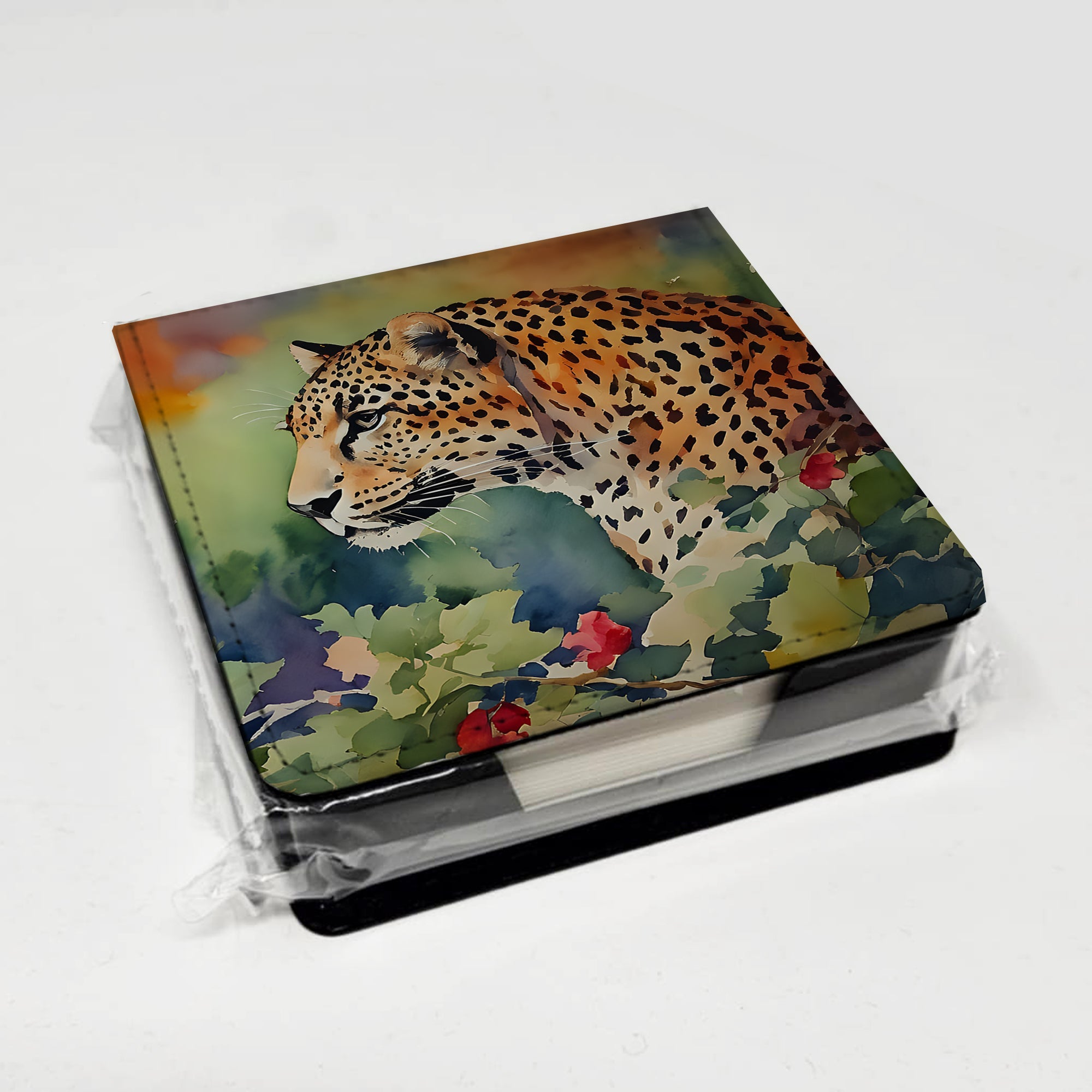 Leopard PU Leather Note Paper Holder with Artist-Designed Cover, Desk Accessory, Office Gift