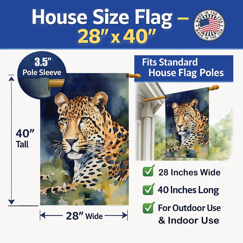 Leopard House Flag 28x40 Porch Sleeve Pole Decorative Outside Yard Banner Artwork Wall Hanging, Polyester