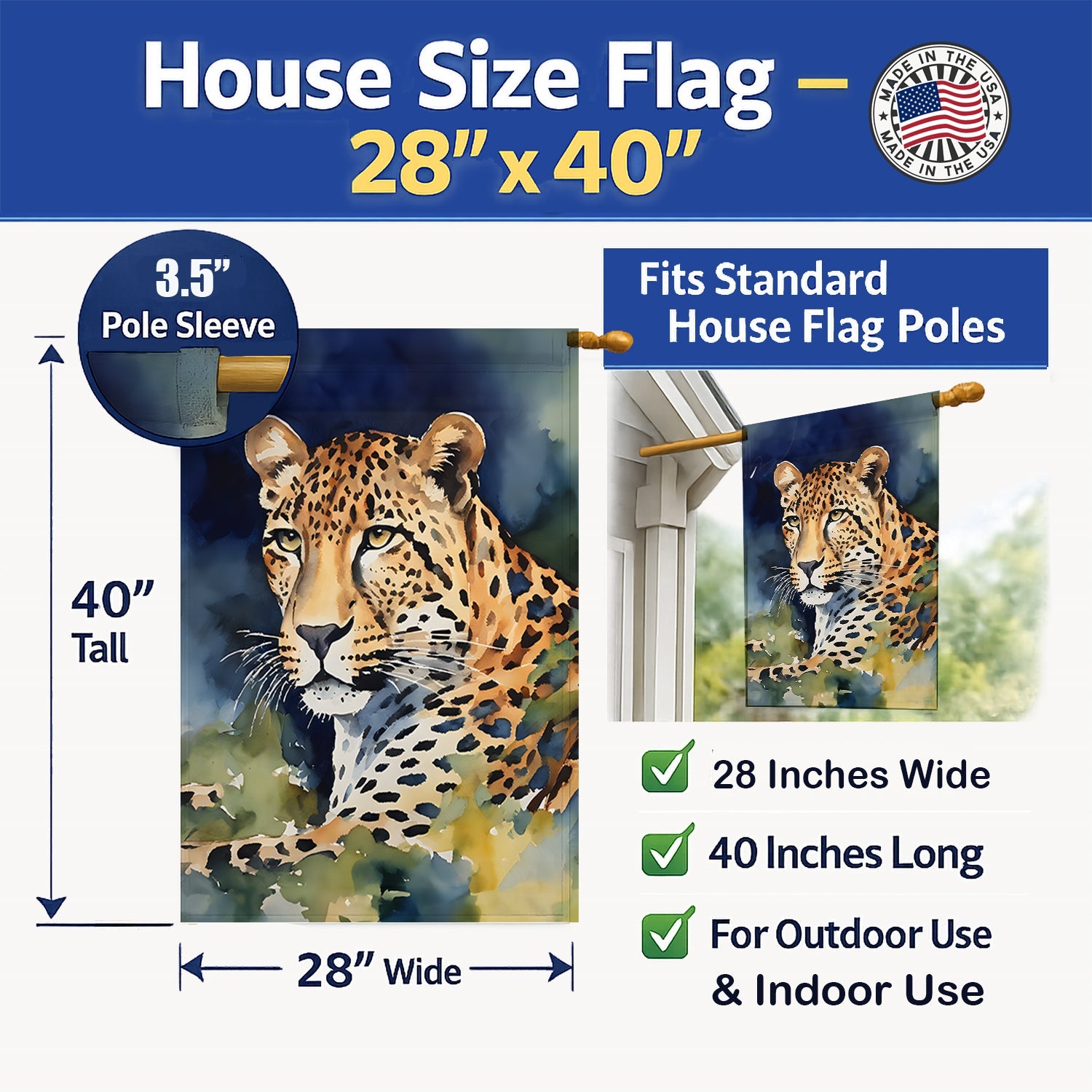 Leopard House Flag 28x40 Porch Sleeve Pole Decorative Outside Yard Banner Artwork Wall Hanging, Polyester