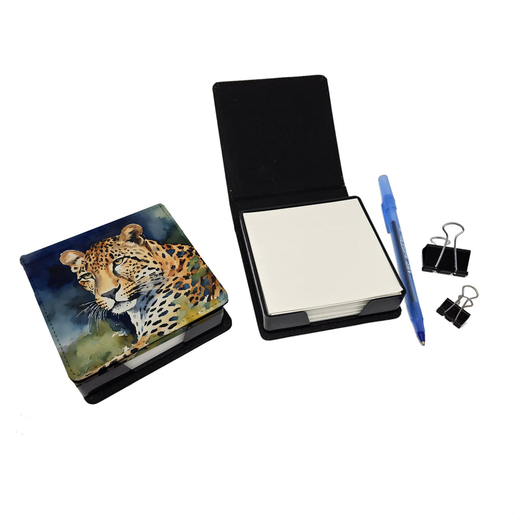 Leopard PU Leather Note Paper Holder with Artist-Designed Cover, Desk Accessory, Office Gift