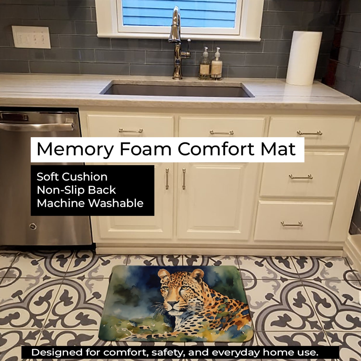 Leopard Memory Foam Kitchen Mat Machine Washable Anti-Fatigue Cushion Comfort Bath or Kitchen Rug