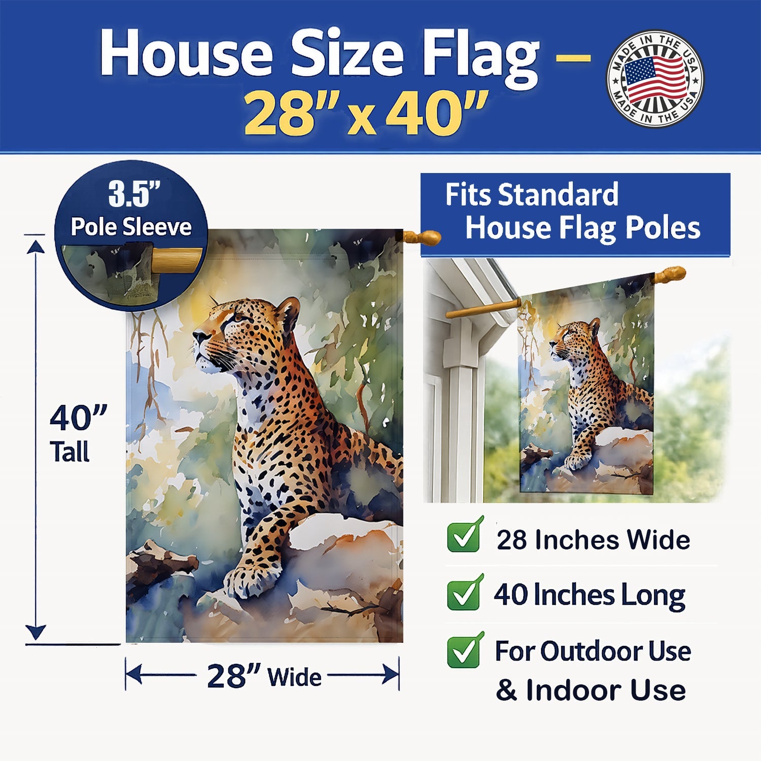 Leopard House Flag 28x40 Porch Sleeve Pole Decorative Outside Yard Banner Artwork Wall Hanging, Polyester