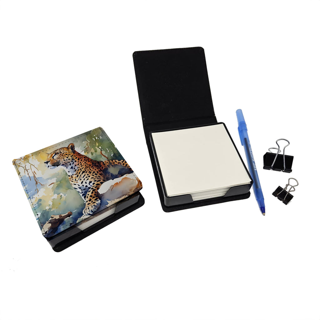 Leopard PU Leather Note Paper Holder with Artist-Designed Cover, Desk Accessory, Office Gift