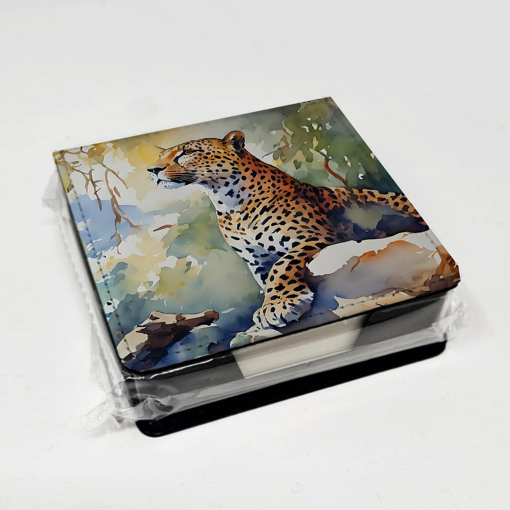 Leopard PU Leather Note Paper Holder with Artist-Designed Cover, Desk Accessory, Office Gift